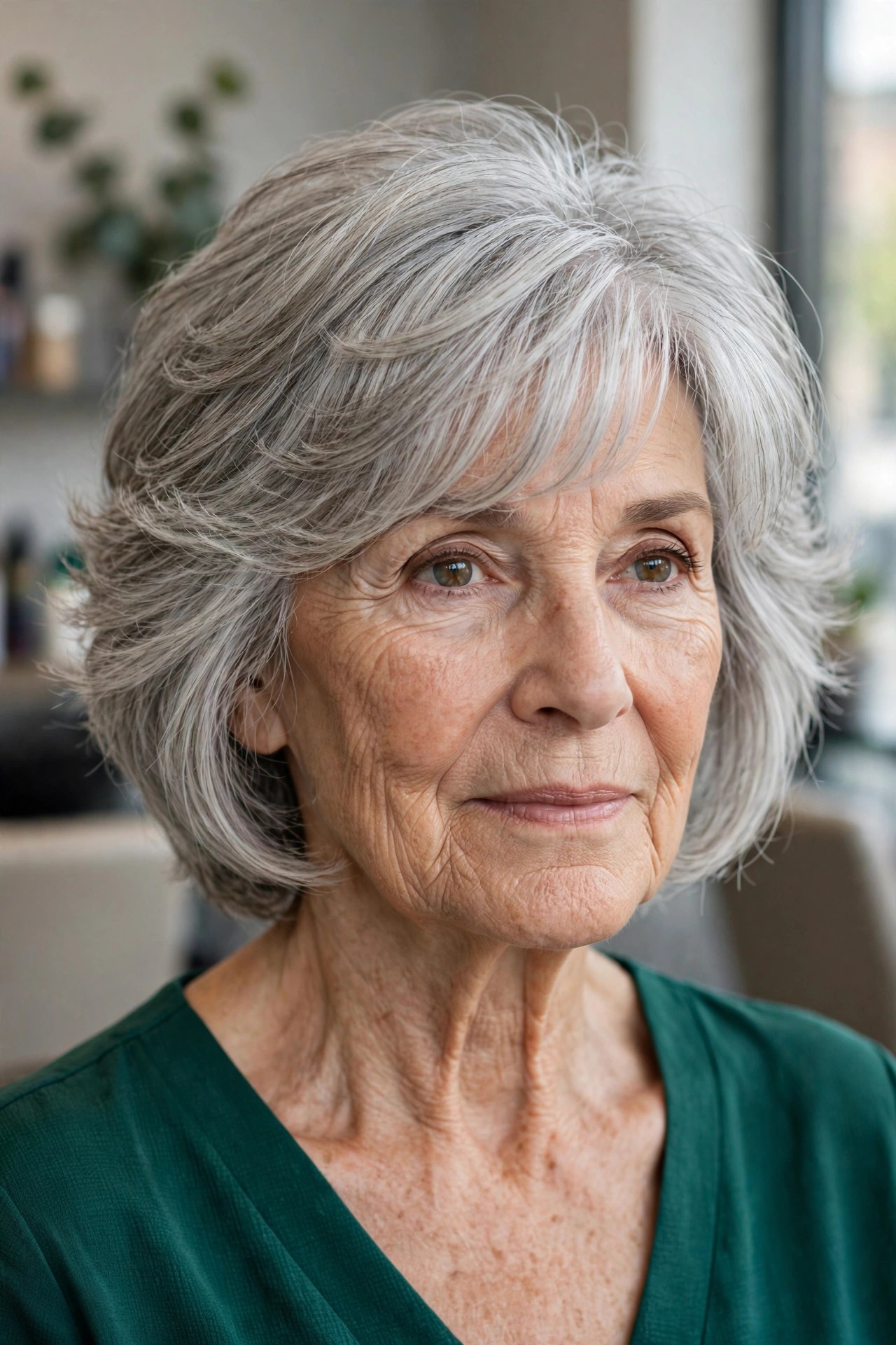 Feathered Fringe with Face-Framing Layers - feathered haircut for a woman over 60 with volume