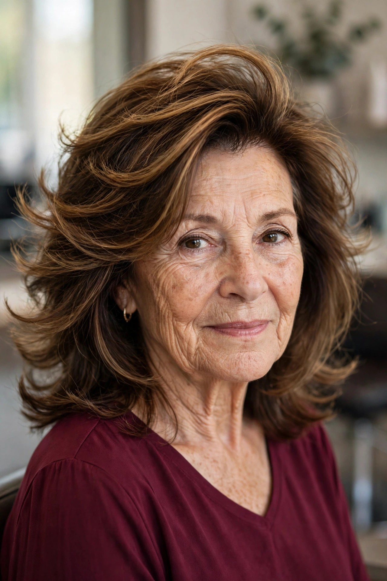 Feathered Layers with a Deep Side Part - feathered haircut for a woman over 60 with volume