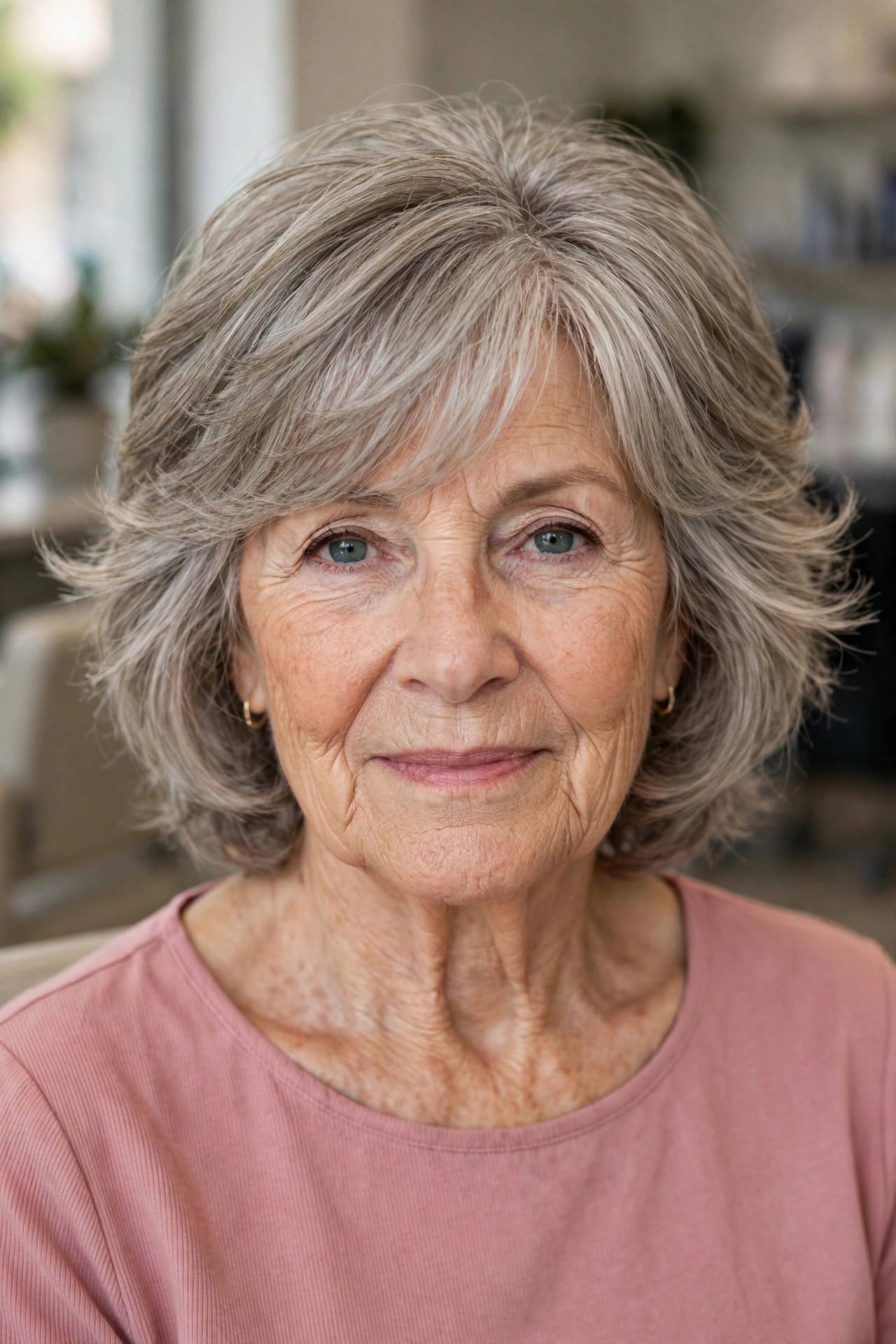 Medium Feathered Cut with Feathered Bangs - feathered haircut for a woman over 60 with volume