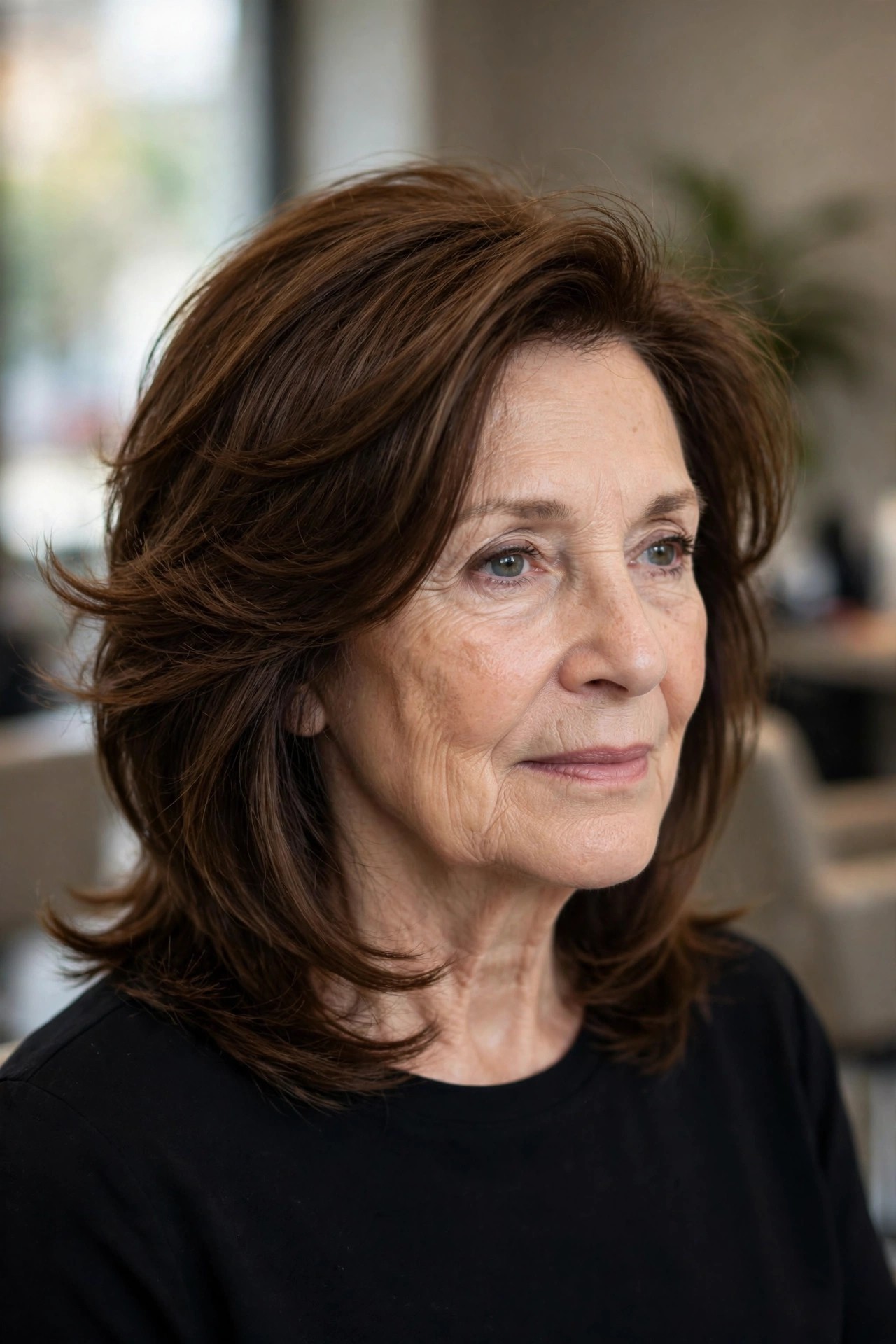 Collarbone Feathered Cut with Swooping Layers - feathered haircut for a woman over 60 with volume