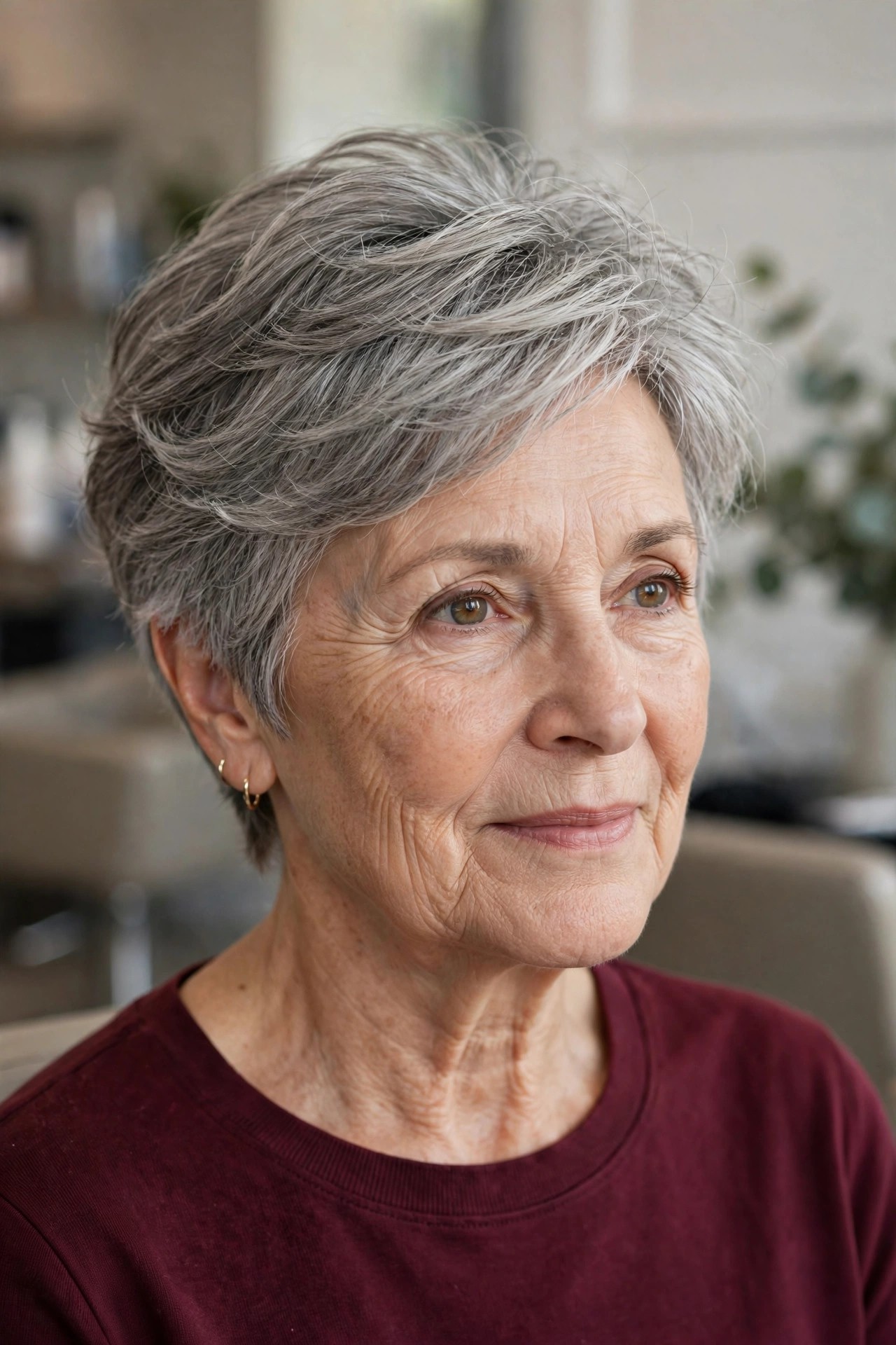 Short Feathered Pixie with Soft Flicked Sides - feathered haircut for a woman over 60 with volume