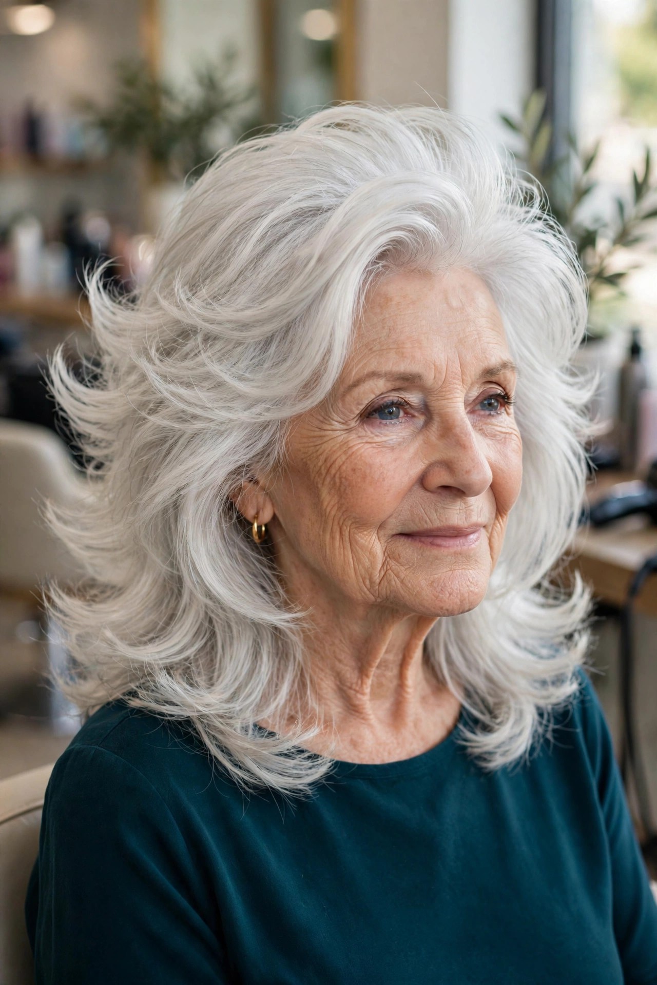Glam Feathered Blowout in Platinum Silver - feathered haircut for a woman over 60 with volume