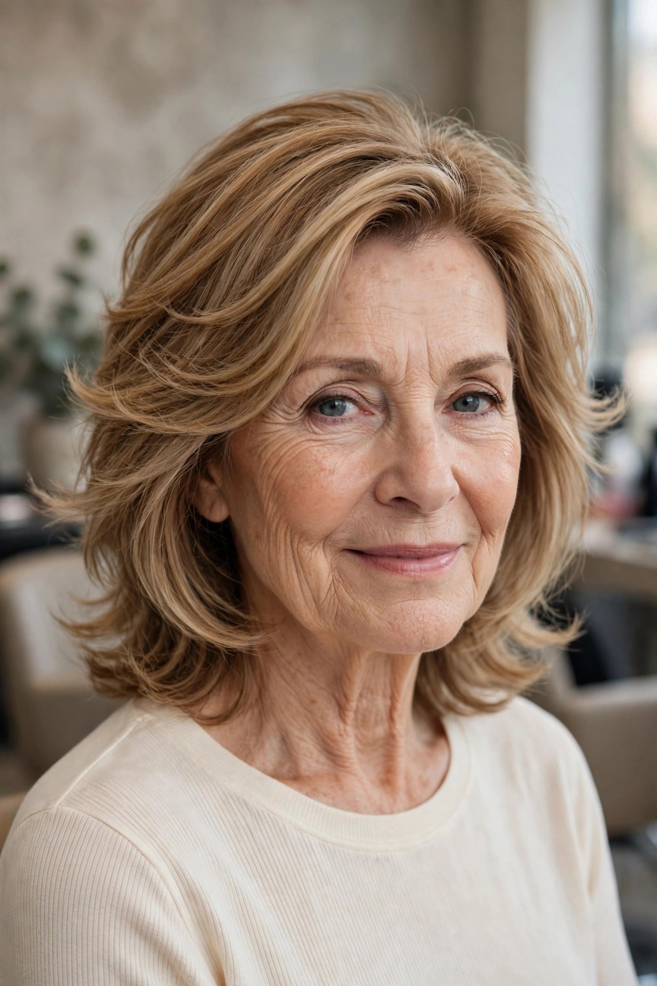 Medium Feathered Layers with a Side Sweep - feathered haircut for a woman over 60 with volume