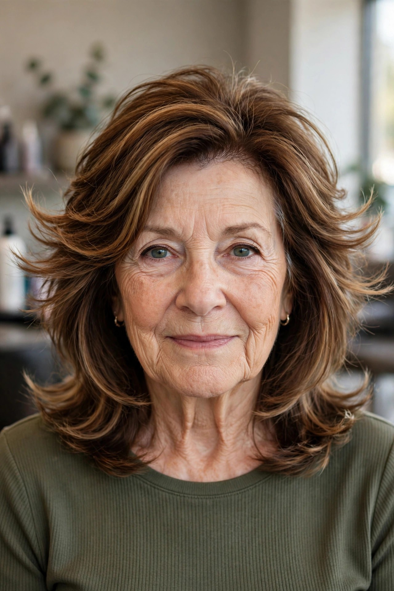 Shoulder-Length Feathered Layers with Flicked-Out Ends - feathered haircut for a woman over 60 with volume