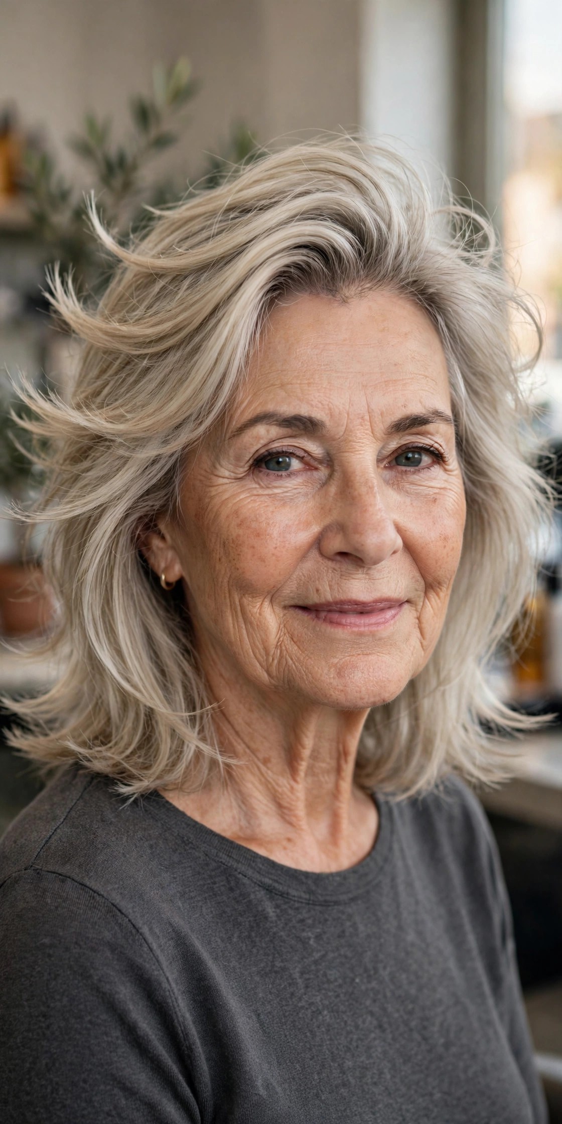 Feathered Lob with Airy Ends - feathered haircut for a woman over 60 with volume