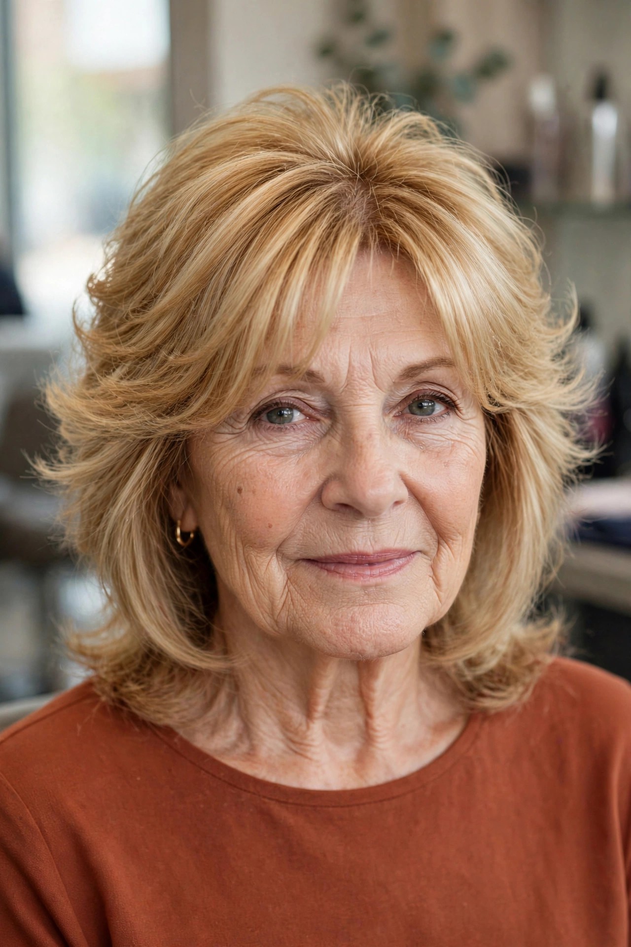 Feathered Layers with Curtain Bangs - feathered haircut for a woman over 60 with volume