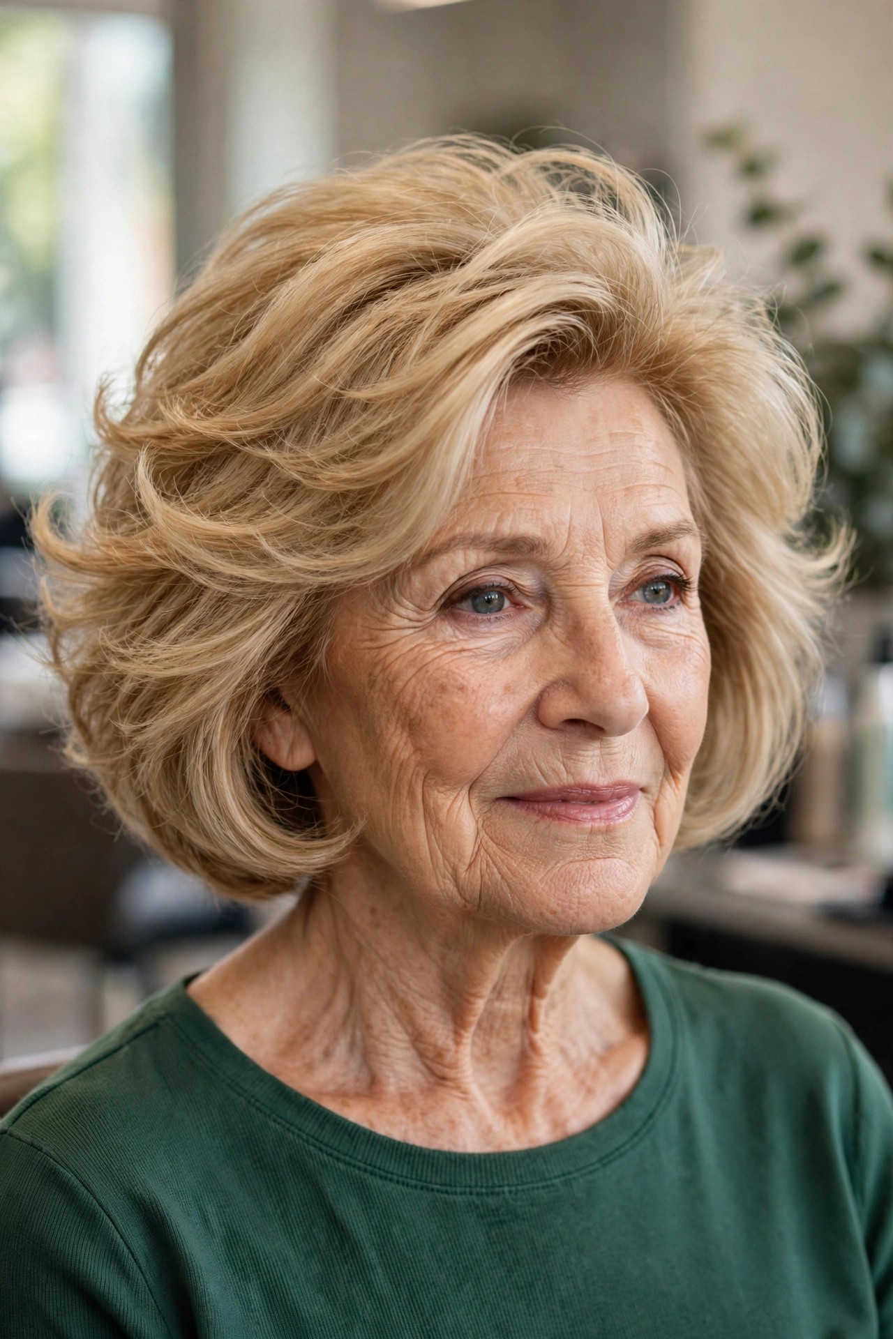 Voluminous Feathered Blowout Bob - feathered haircut for a woman over 60 with volume