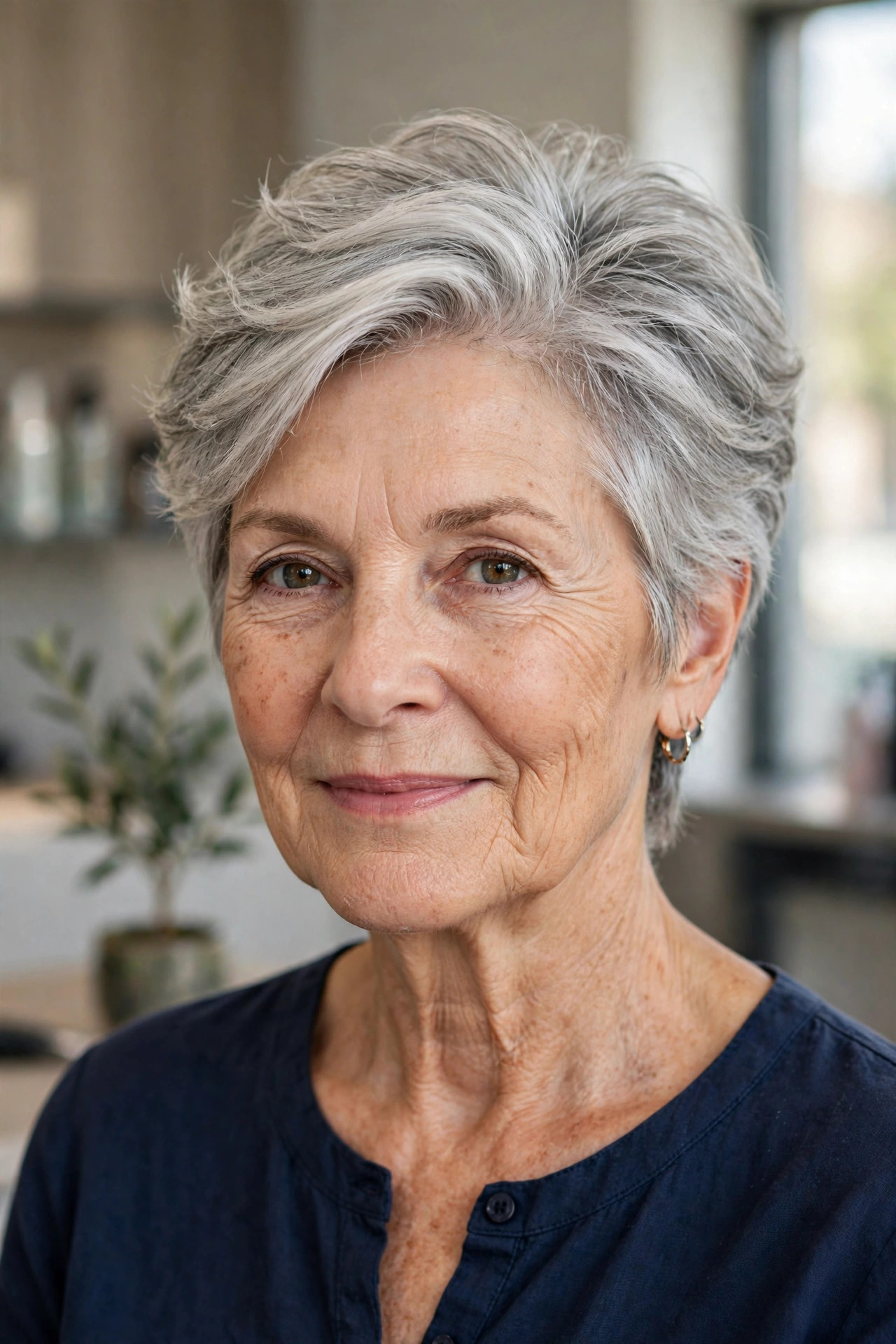 Feathered Pixie in Natural Silver - feathered hairstyle on a woman over 50