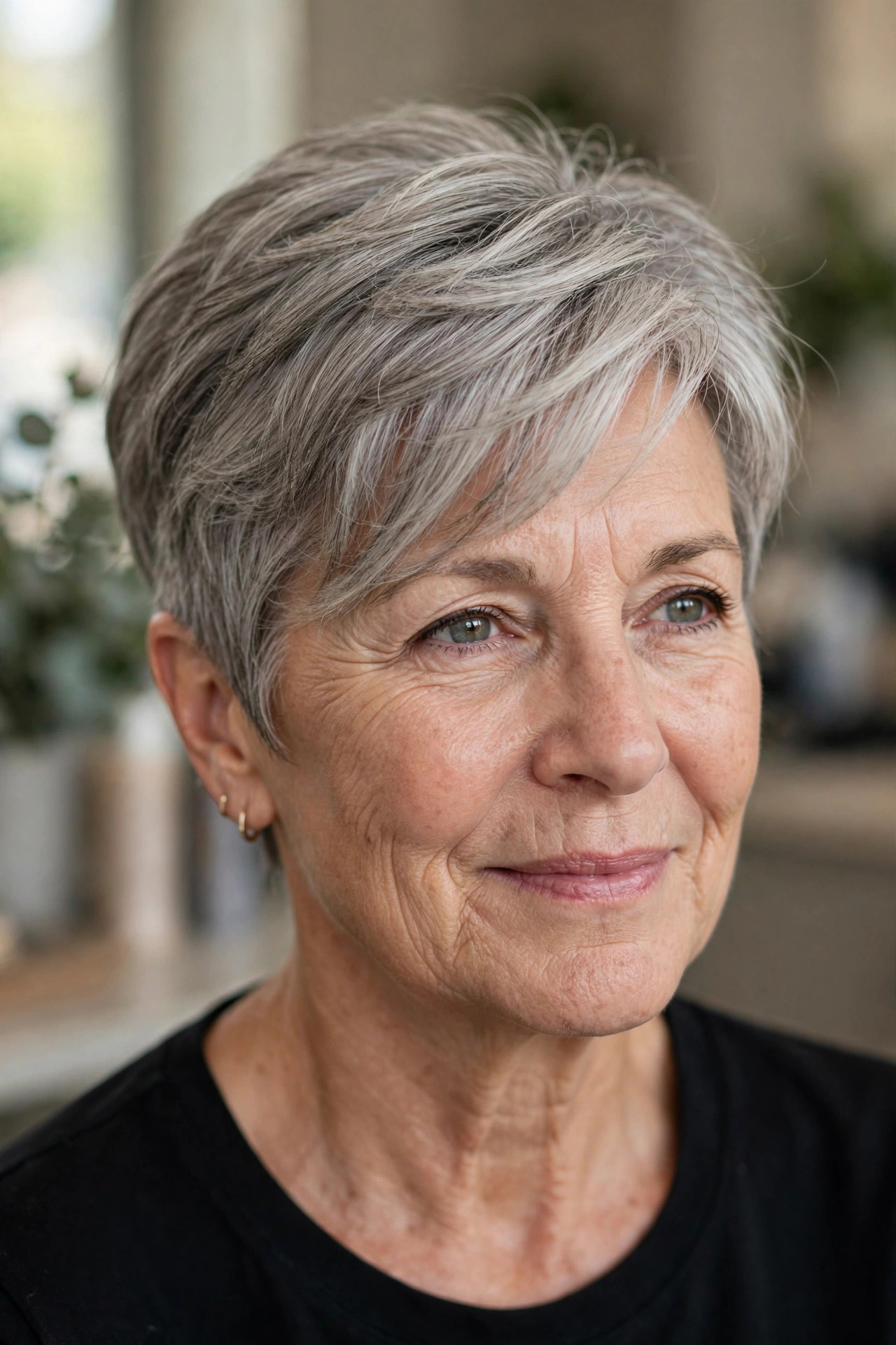 Textured Crop with a Feathered Fringe - feathered hairstyle on a woman over 50