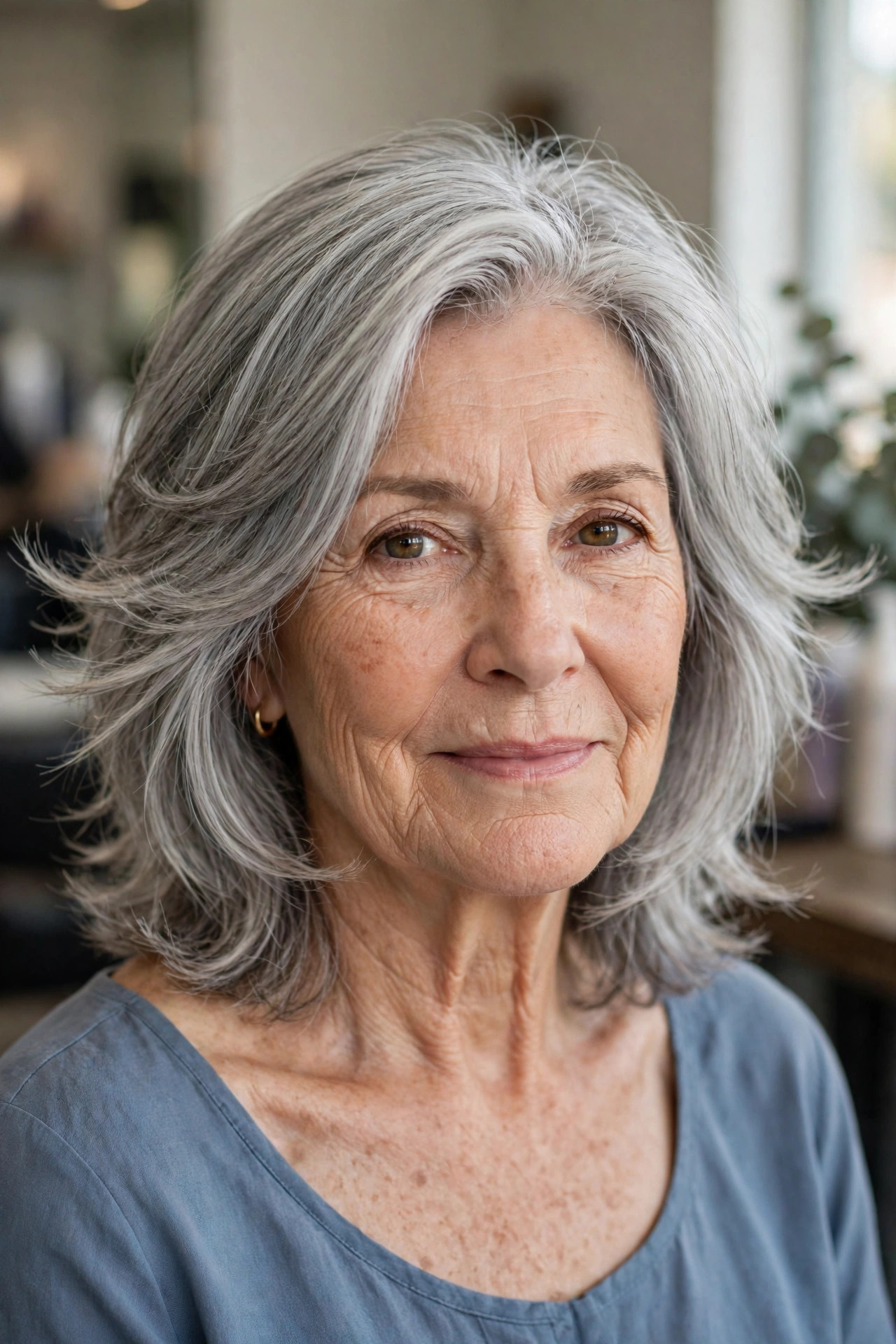 Feathered Midi Cut in Natural Gray - feathered hairstyle on a woman over 50