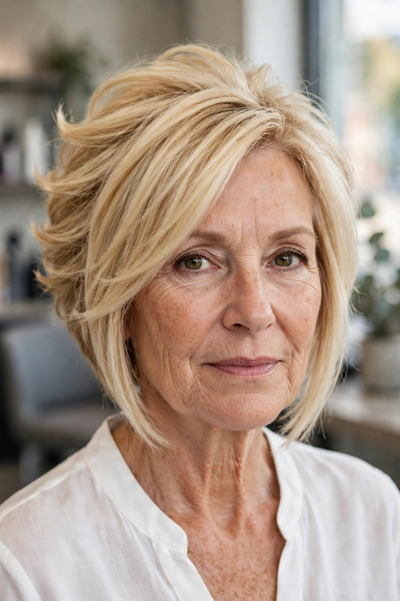 Feathered Angled Bob - feathered hairstyle on a woman over 50