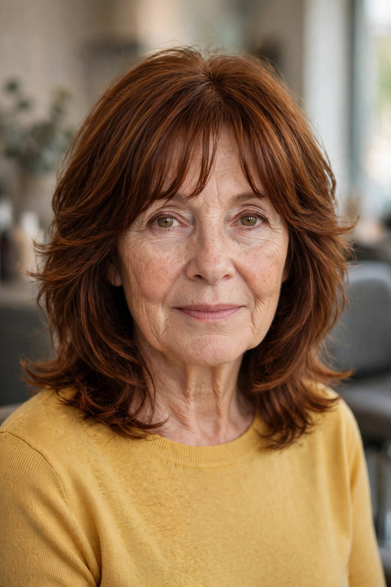 Auburn Feathered Layers with Curtain Bangs - feathered hairstyle on a woman over 50