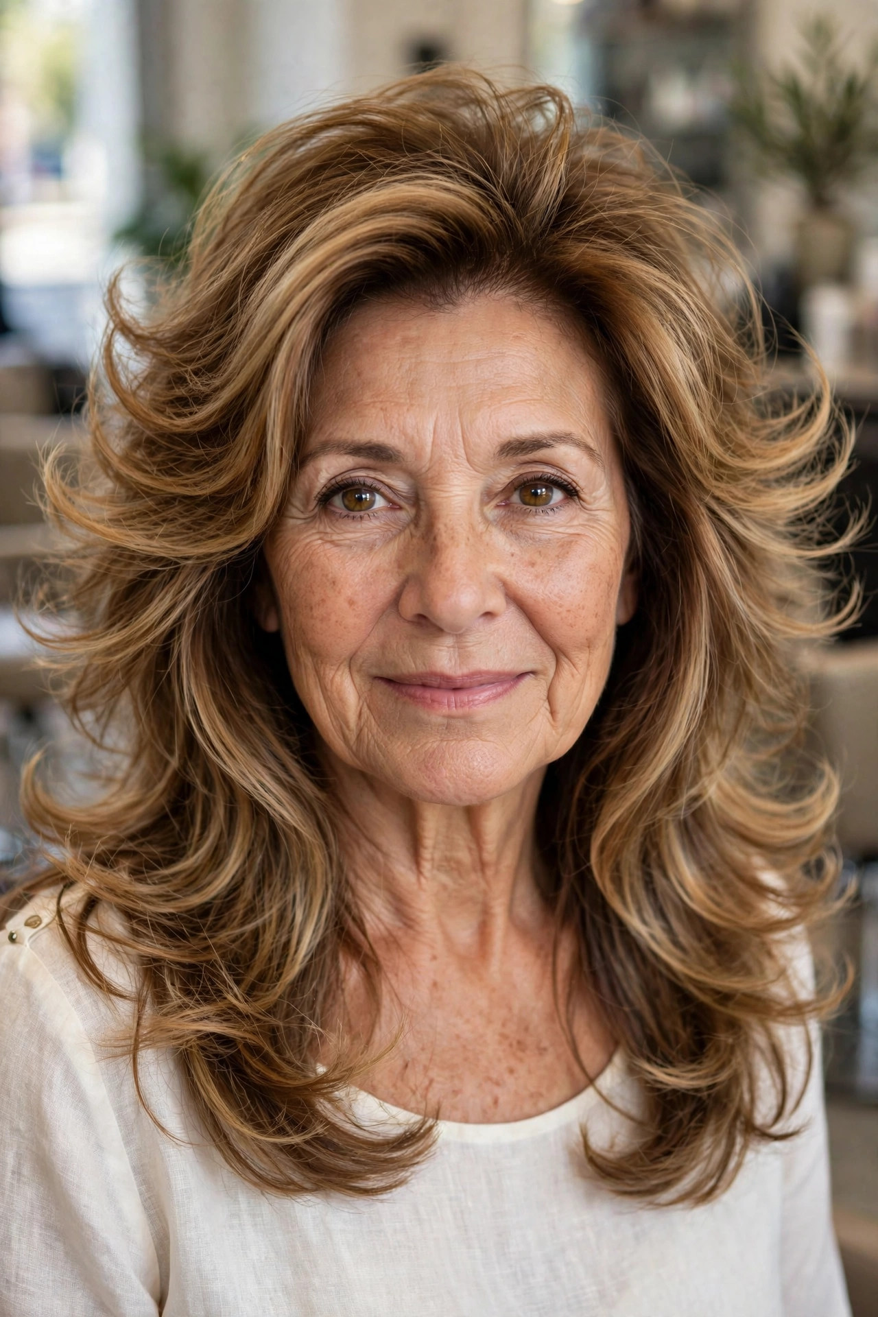 Feathered Blowout Layers with Honey Balayage - feathered hairstyle on a woman over 50