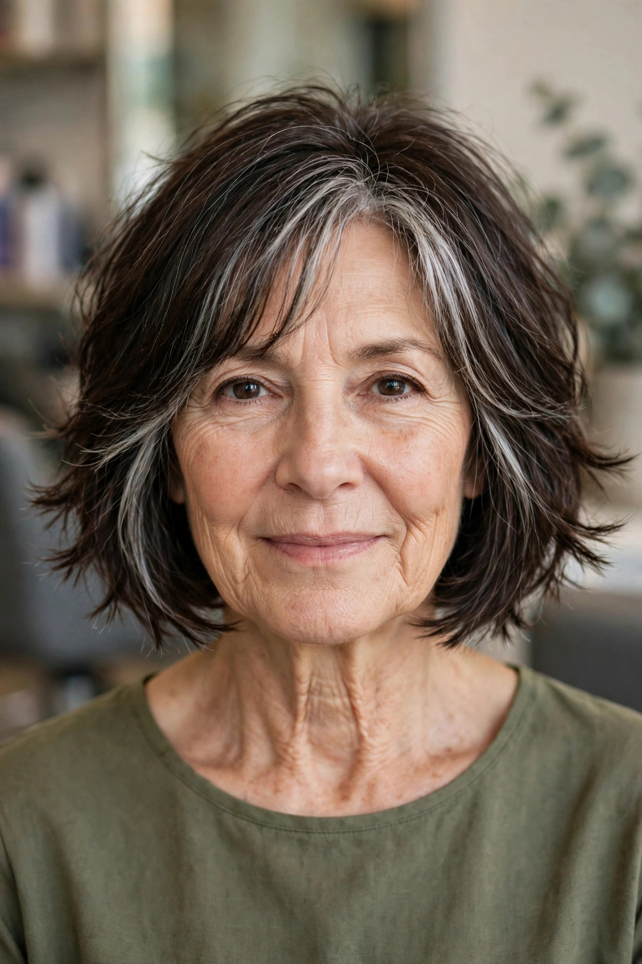 Chin-Length Feathered Bob with Silver Streaks - feathered hairstyle on a woman over 50