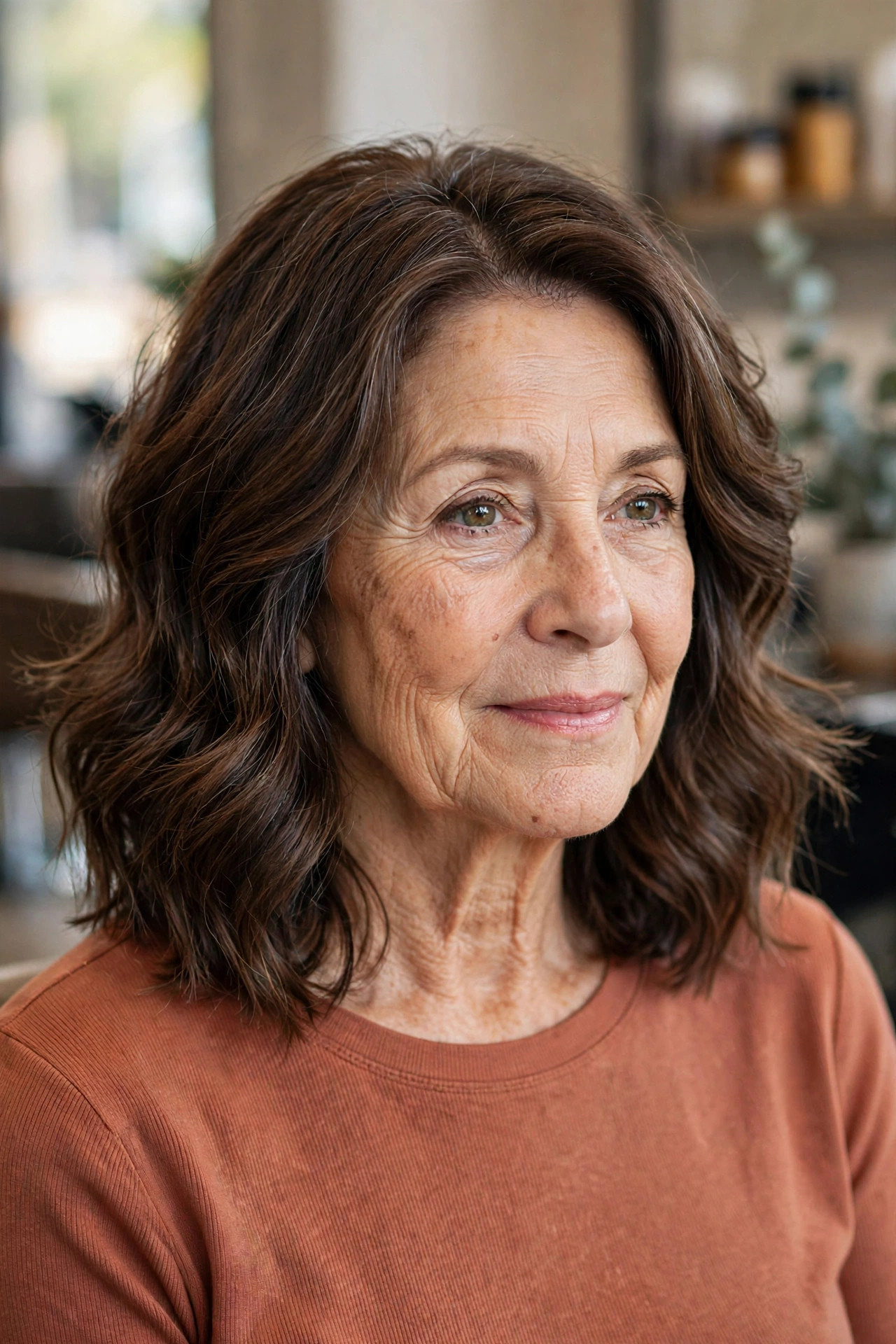 Wavy Feathered Lob - feathered hairstyle on a woman over 50