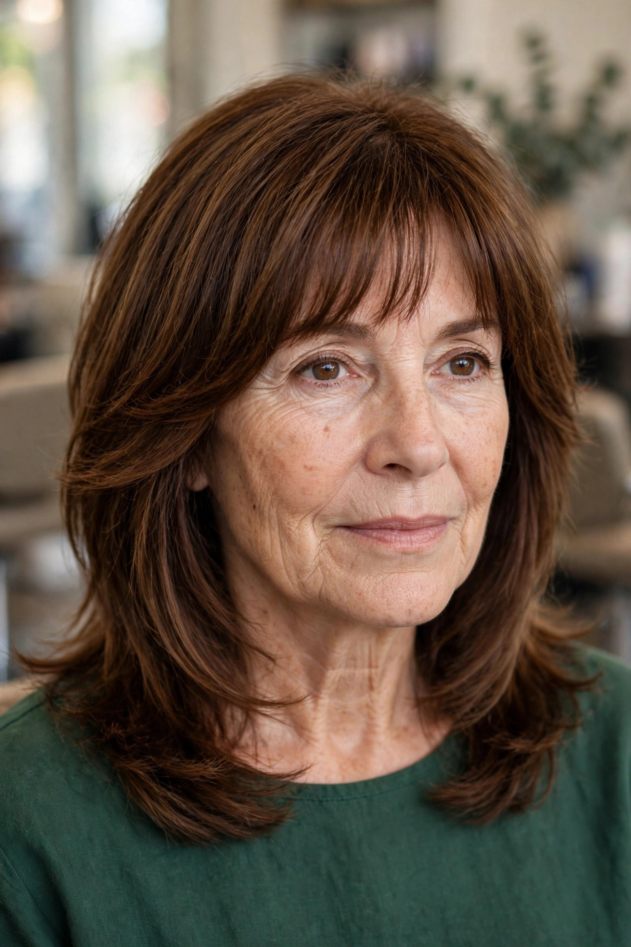 Feathered Layers with a Full Feathered Fringe - feathered hairstyle on a woman over 50
