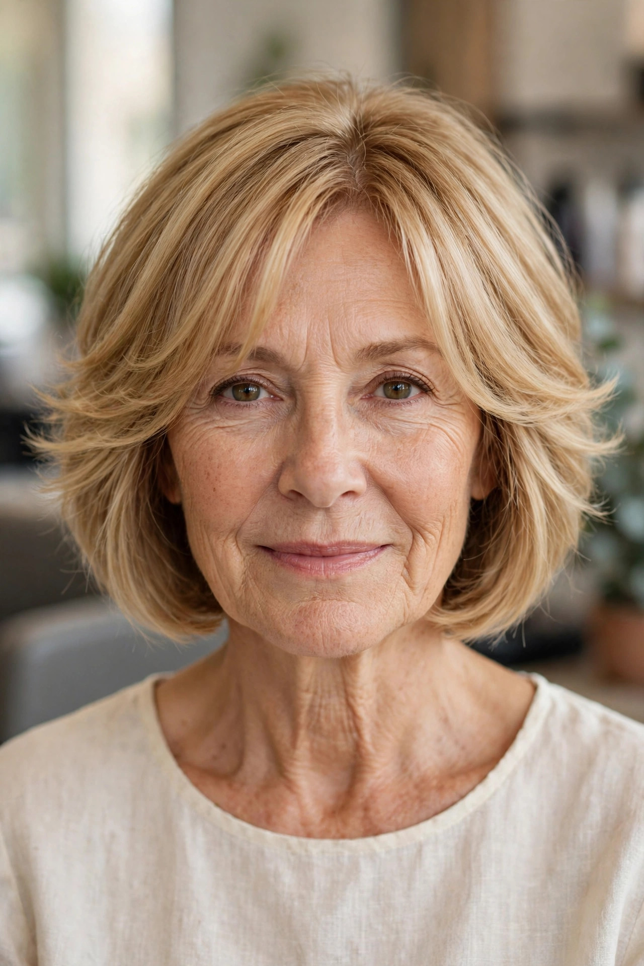 Feathered Bob with a Soft Curtain Fringe - feathered hairstyle on a woman over 50