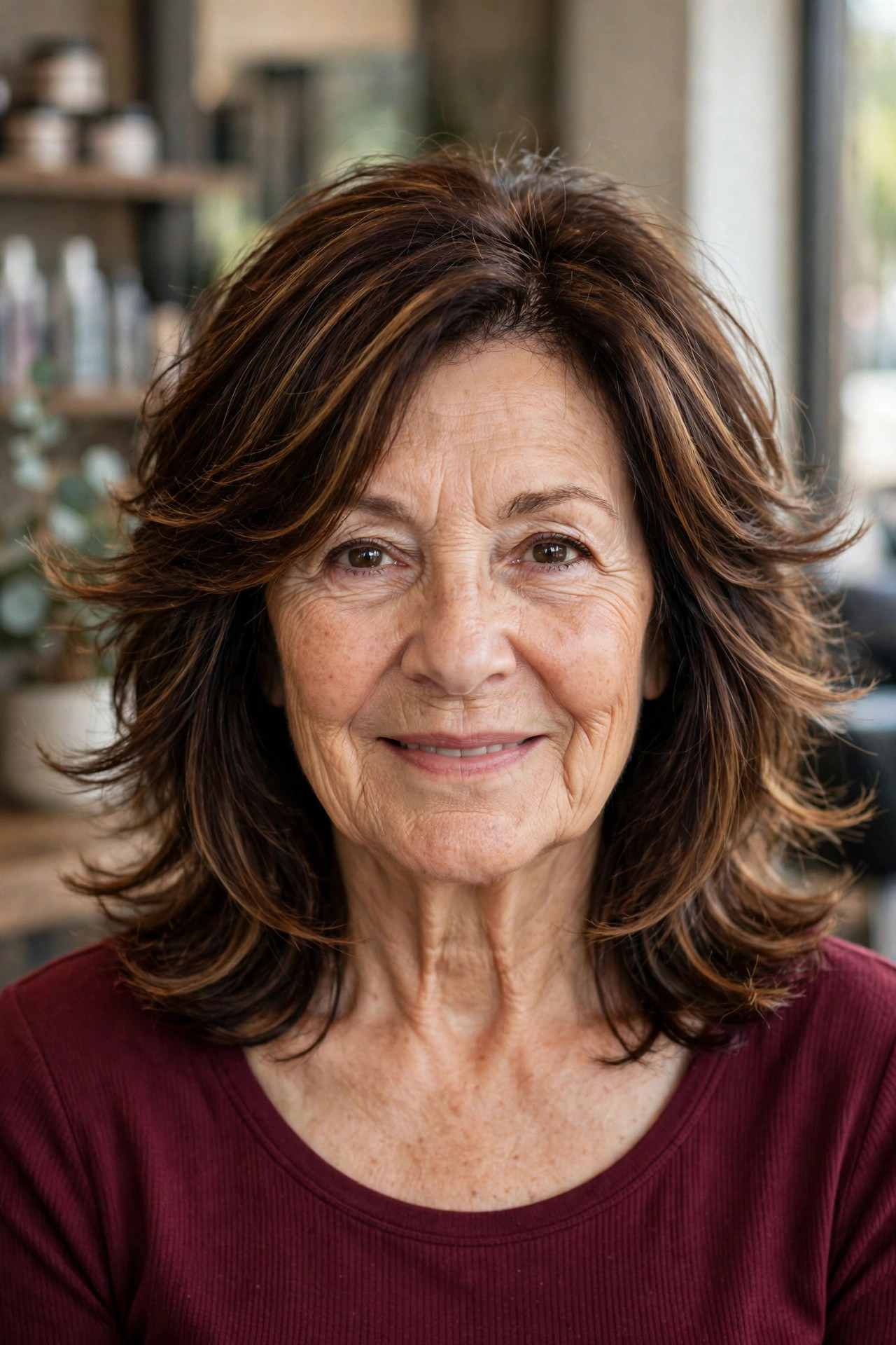 Feathered Shoulder-Length Layers with Caramel Highlights - feathered hairstyle on a woman over 50
