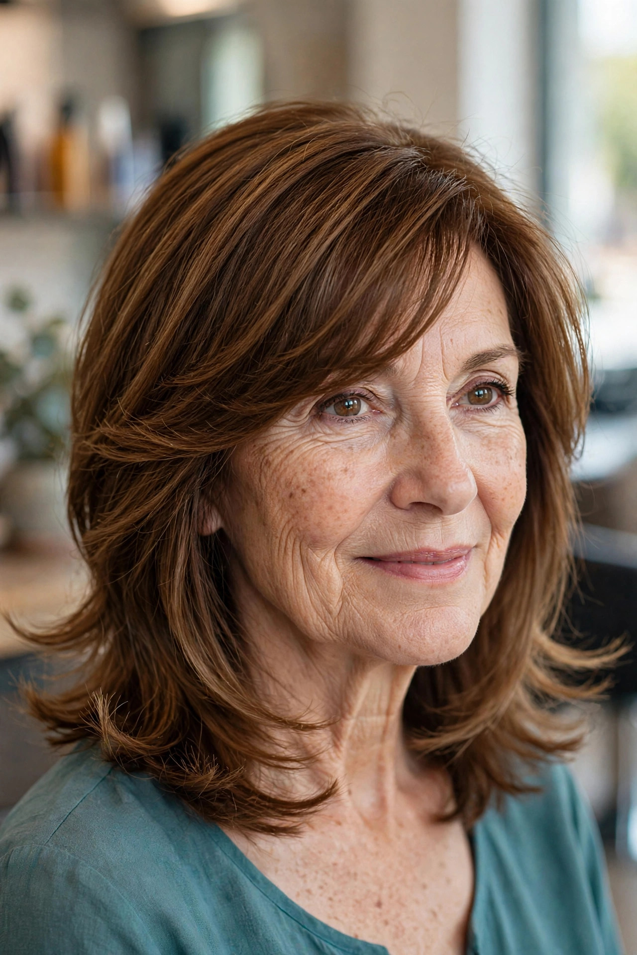 Feathered Lob with Side-Swept Bangs - feathered hairstyle on a woman over 50