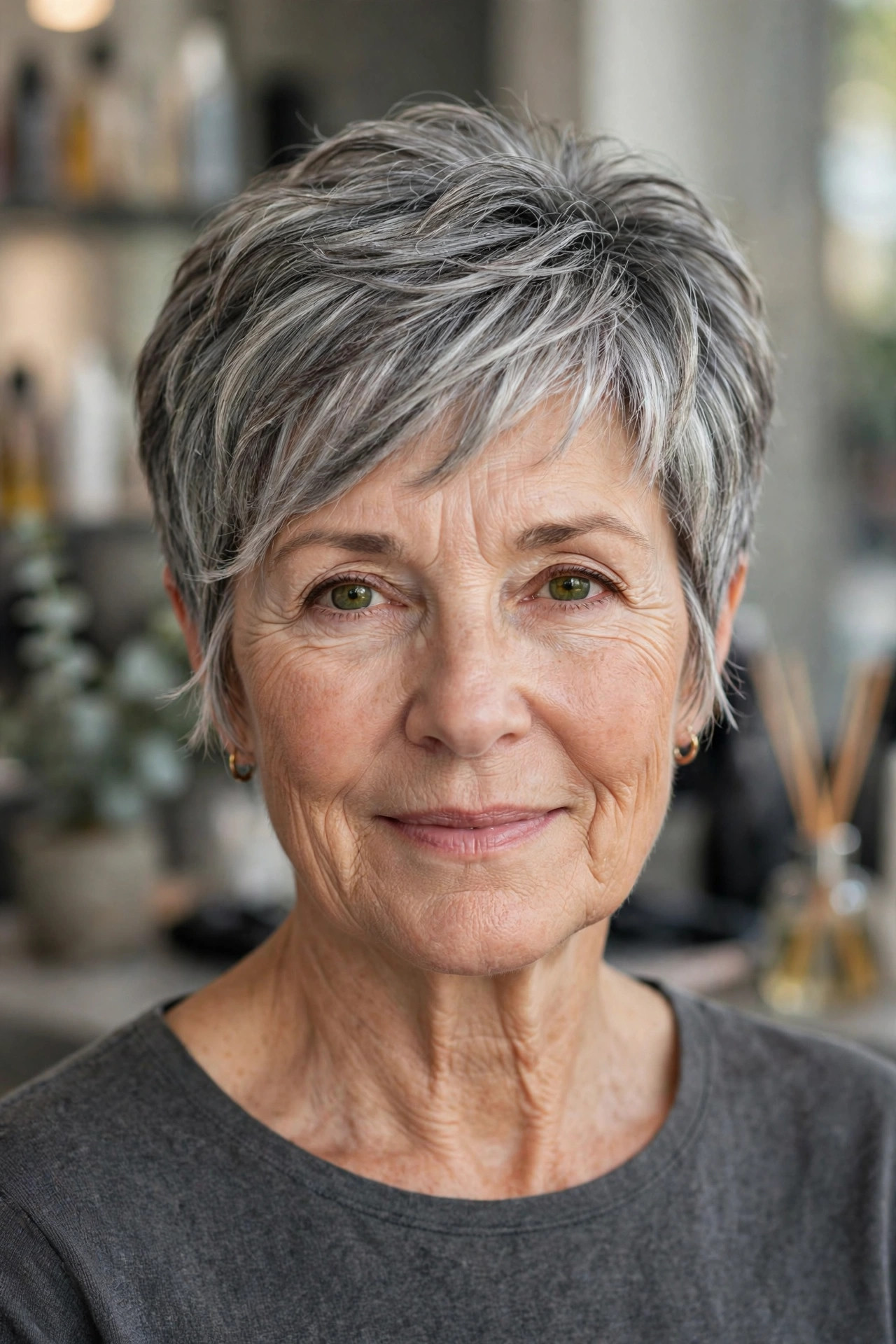 Salt-and-Pepper Feathered Pixie Bob - feathered hairstyle on a woman over 50