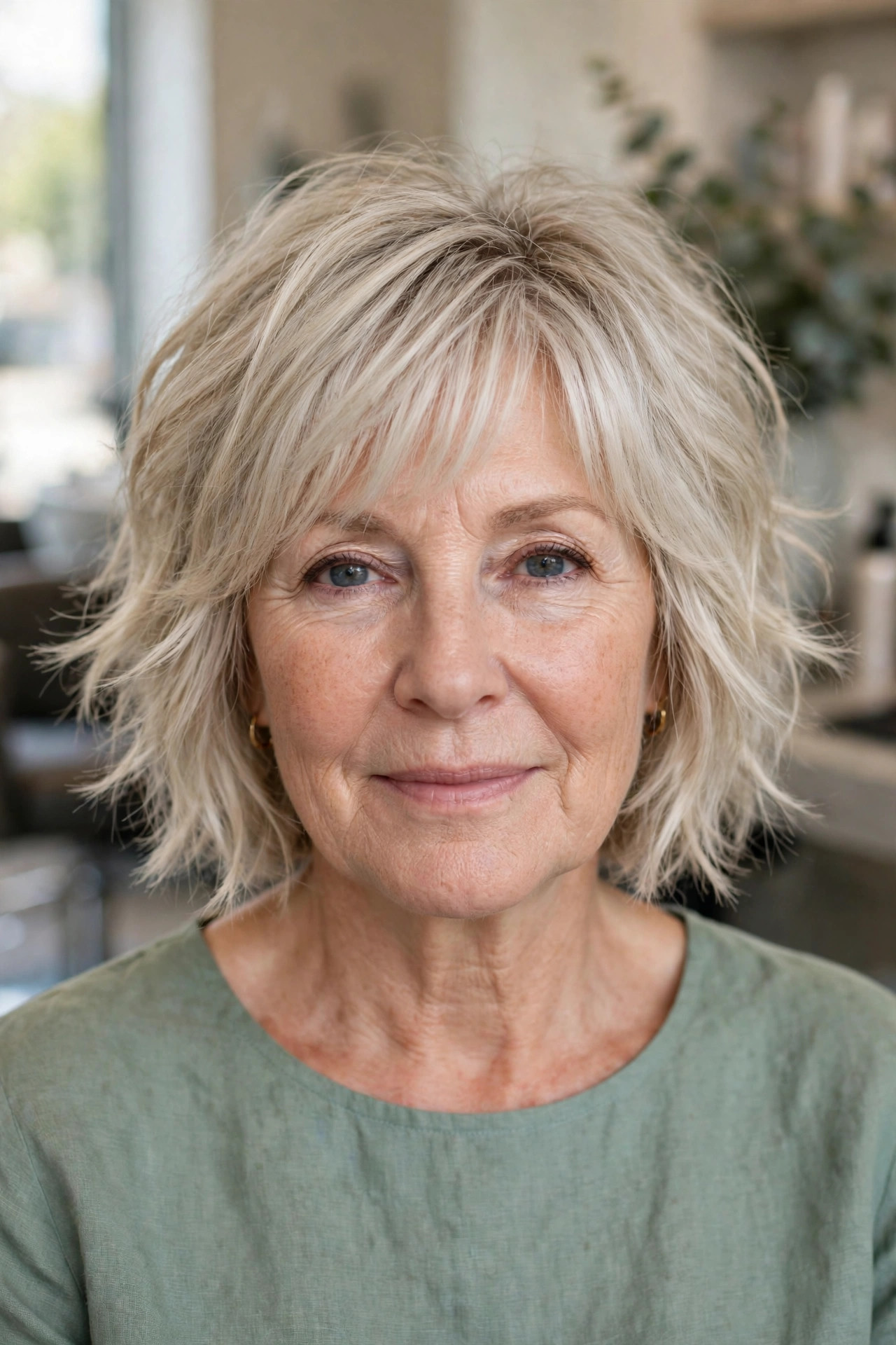 Feathered Shag Bob with Wispy Ends - feathered hairstyle on a woman over 50