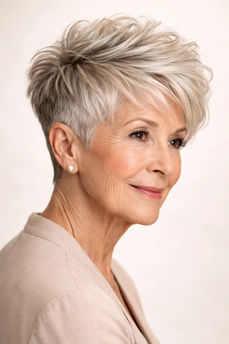 Woman over 70 with a feathered voluminous pixie — feathered pixie cut for thin hair on a woman over 70