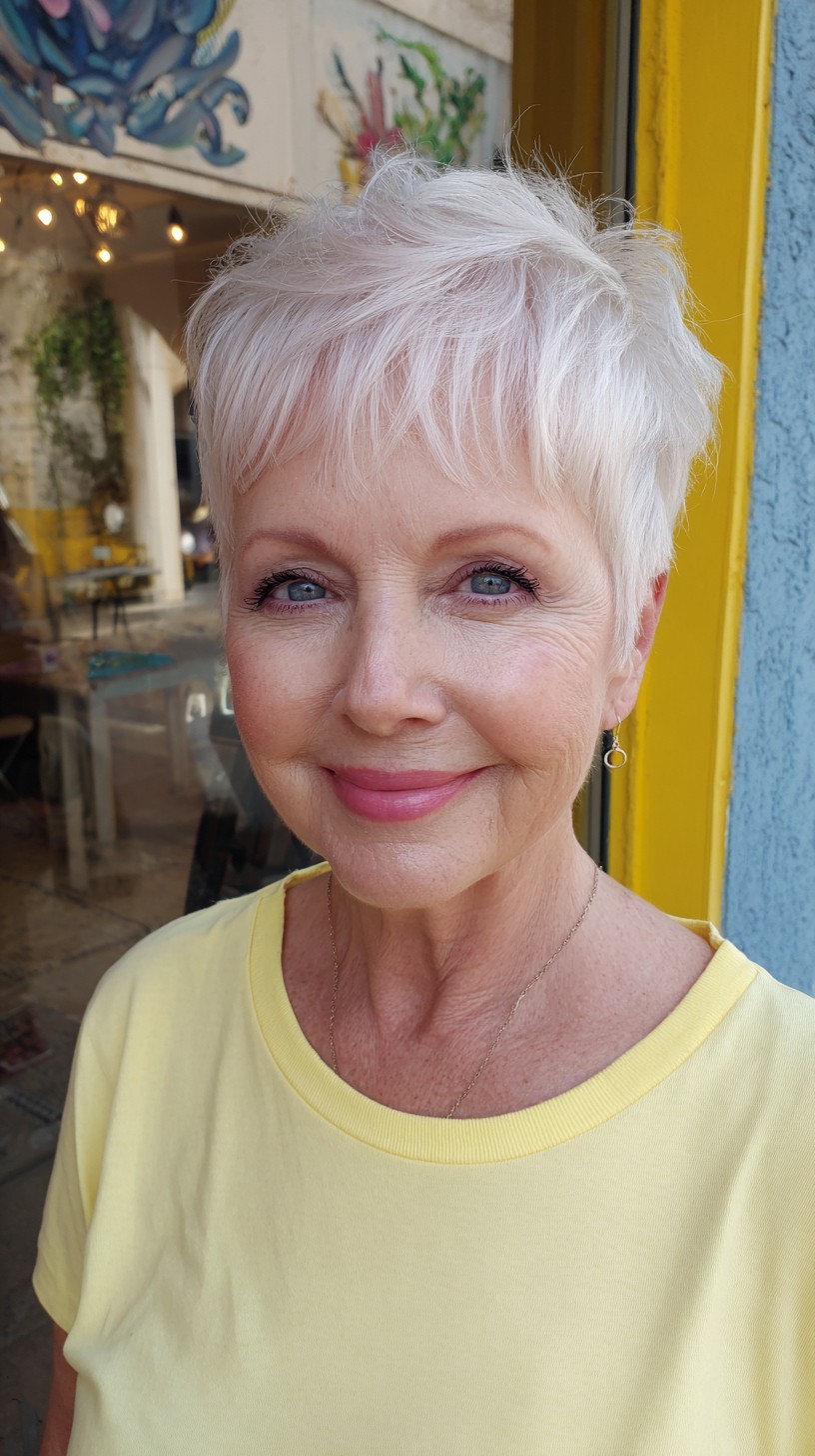 Woman over 70 with a wispy white feathered pixie — feathered pixie cut for thin hair on a woman over 70