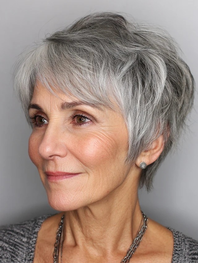 Woman over 70 with a silver feathered pixie — feathered pixie cut for thin hair on a woman over 70