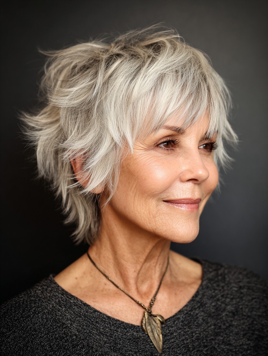 Woman over 70 with a feathered blonde shag pixie — feathered pixie cut for thin hair on a woman over 70