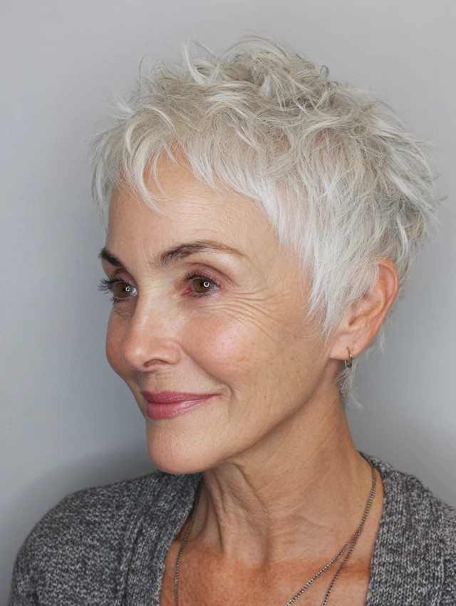 Woman over 70 with a wispy white crop — feathered pixie cut for thin hair on a woman over 70