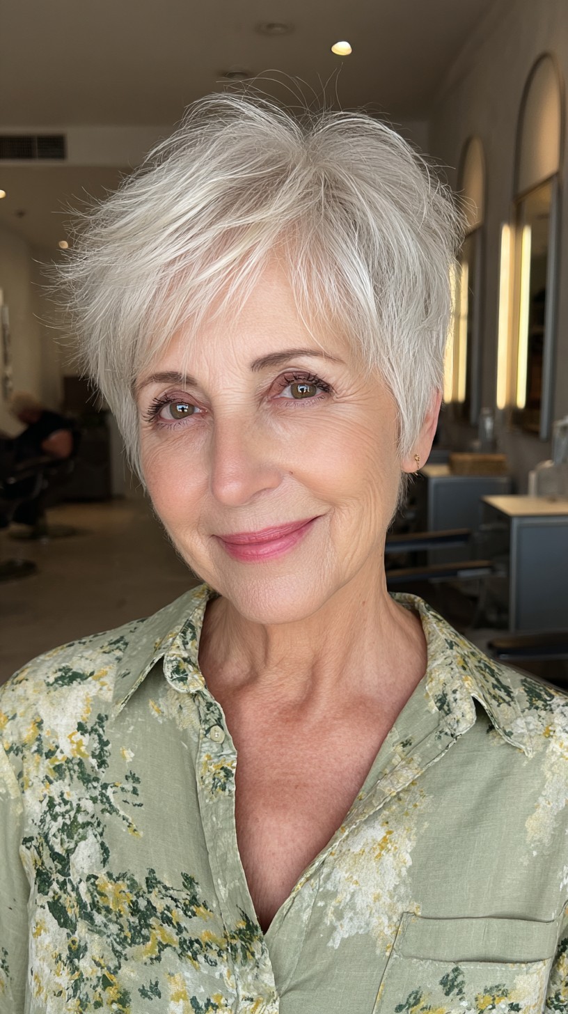Woman over 70 with a salon-fresh wispy pixie — feathered pixie cut for thin hair on a woman over 70