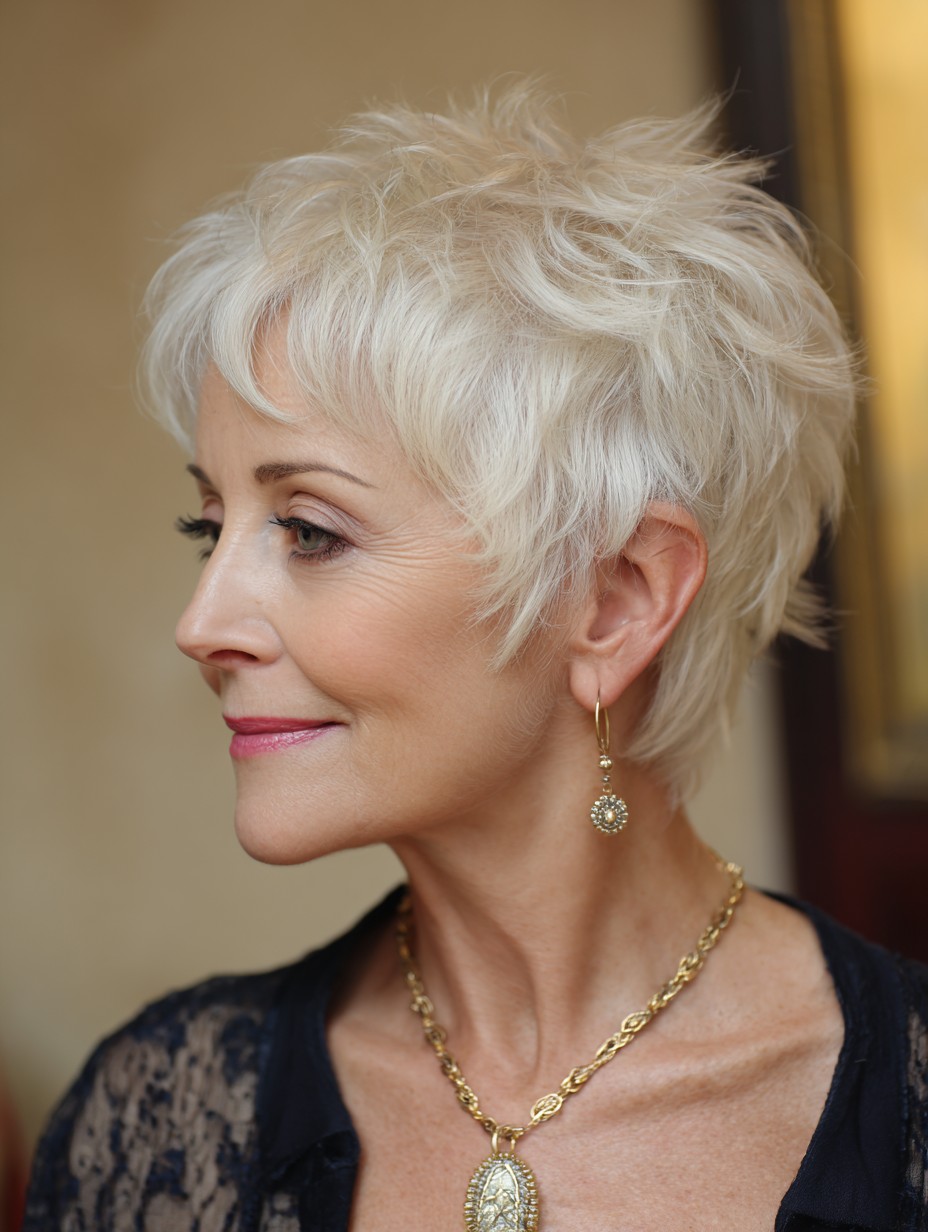 Woman over 70 with a creamy feathered pixie in profile — feathered pixie cut for thin hair on a woman over 70