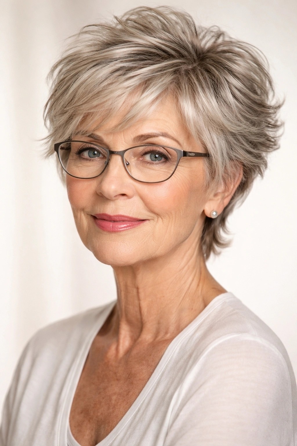 Woman over 70 with a feathered pixie with glasses — feathered pixie cut for thin hair on a woman over 70