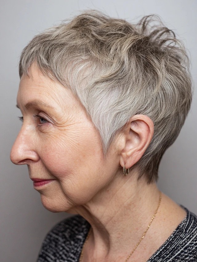 Woman over 70 with a wavy feathered pixie in profile — feathered pixie cut for thin hair on a woman over 70