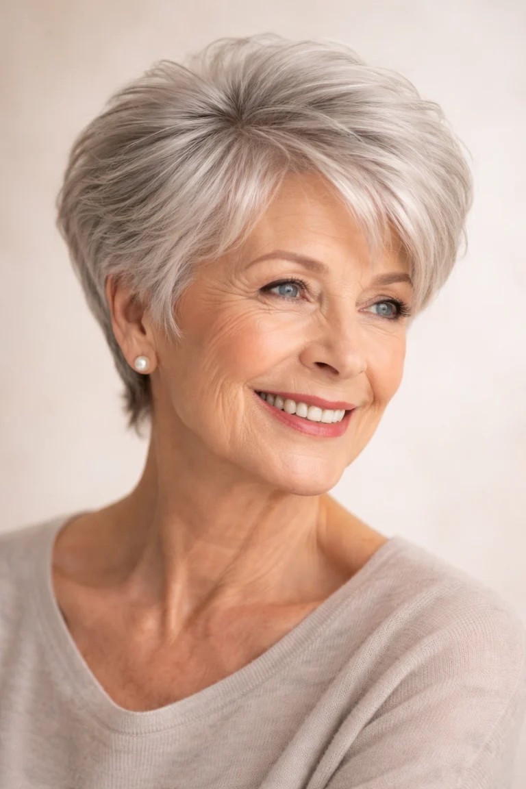 Woman over 70 with a layered feathered pixie — feathered pixie cut for thin hair on a woman over 70