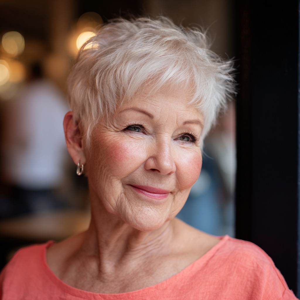 Woman over 70 with a fluffy feathered pixie — feathered pixie cut for thin hair on a woman over 70