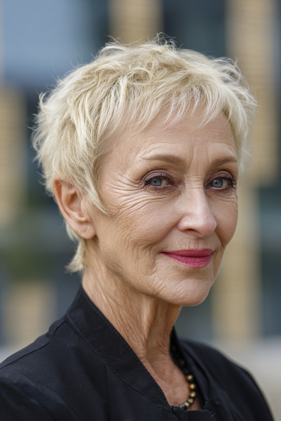 Woman over 70 with a choppy feathered pixie for fine hair — feathered pixie cut for thin hair on a woman over 70