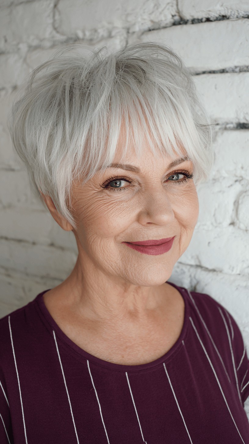 Woman over 70 with a feathered pixie with a soft fringe — feathered pixie cut for thin hair on a woman over 70