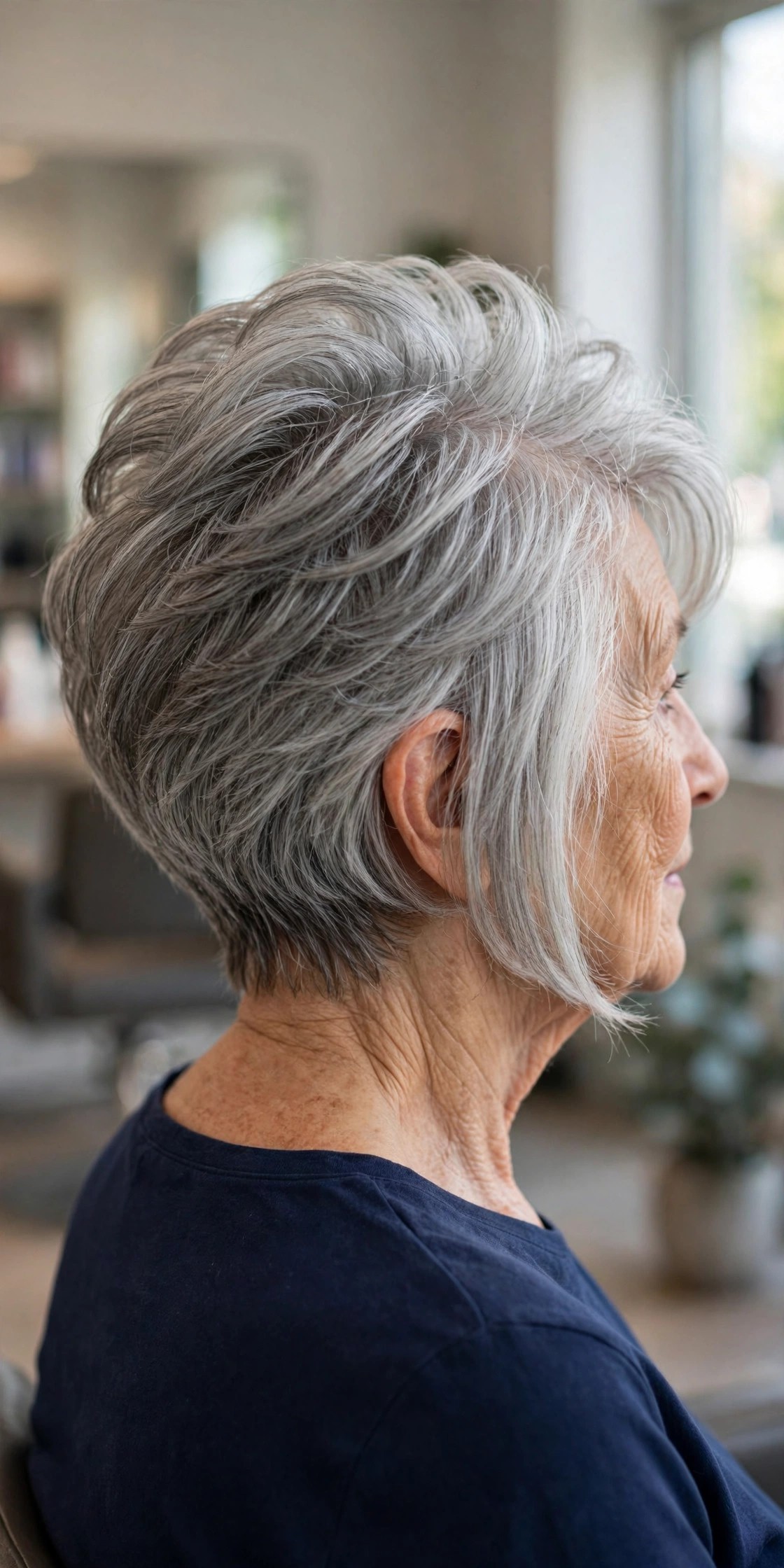 classic graduated bob haircut with high stacked crown and silver gray hair on a woman over 60