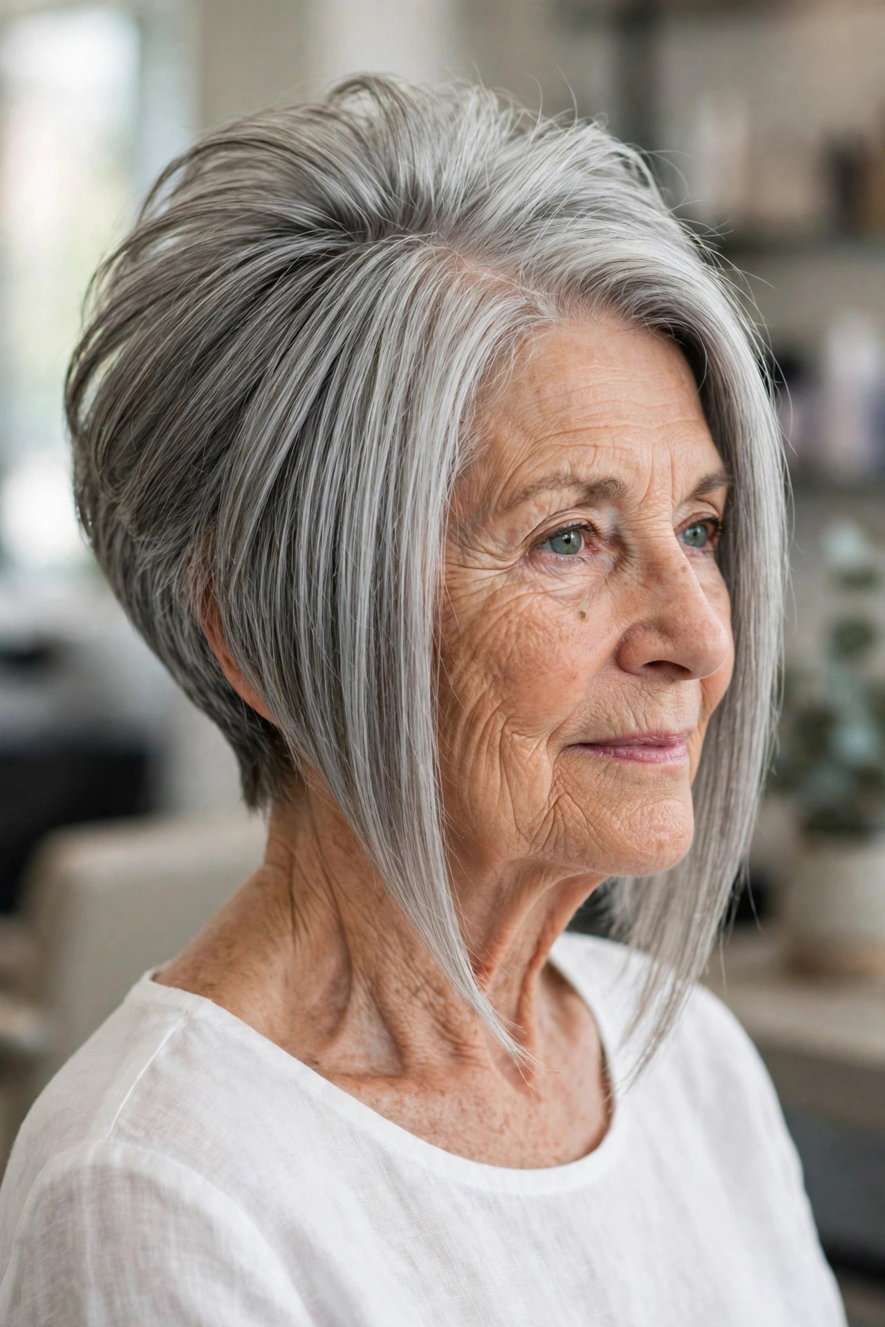 angled graduated bob haircut with long front points and silver gray hair on a woman over 60