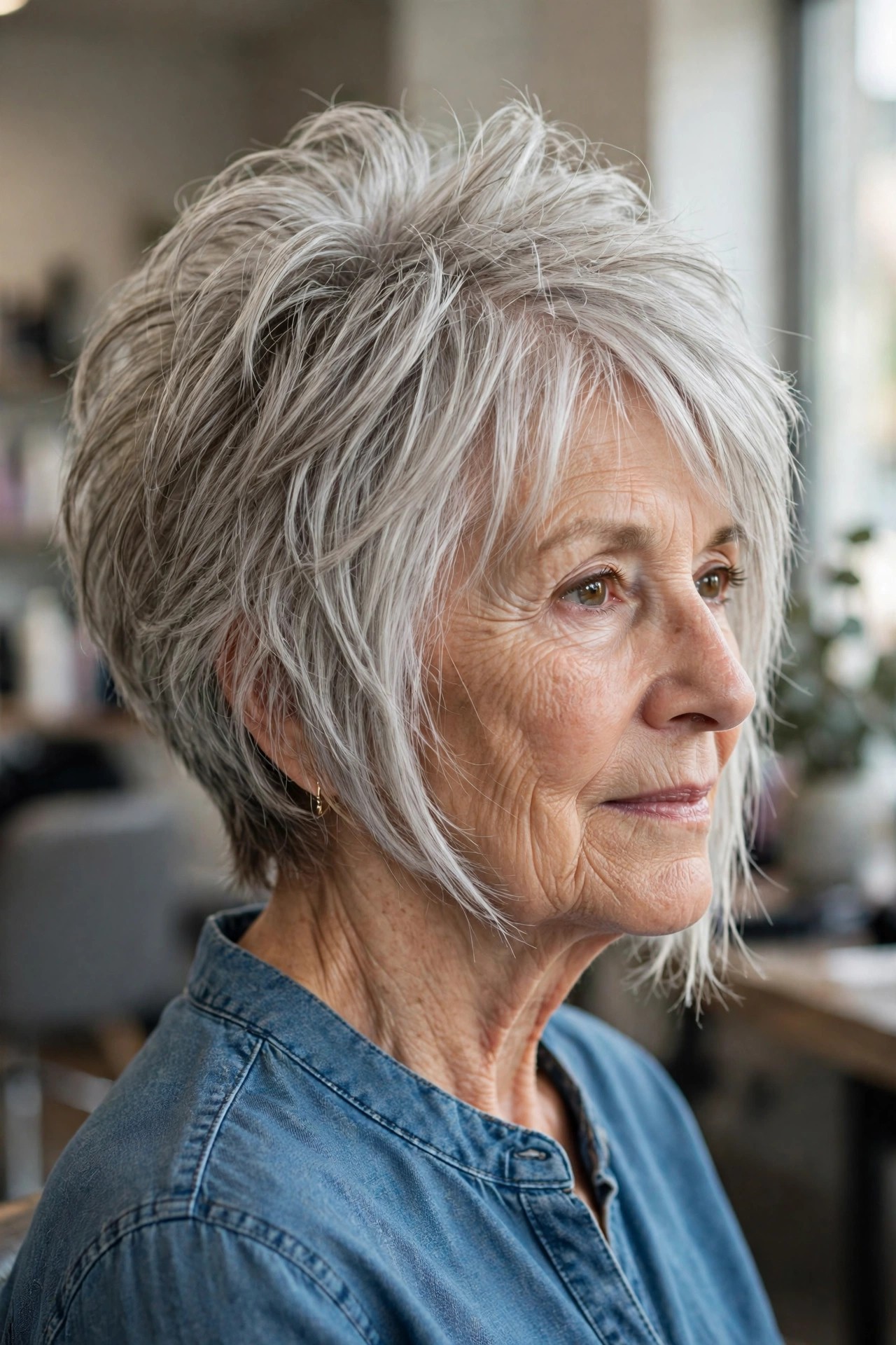 choppy graduated bob haircut with piecey crown layers and light gray hair on a woman over 60
