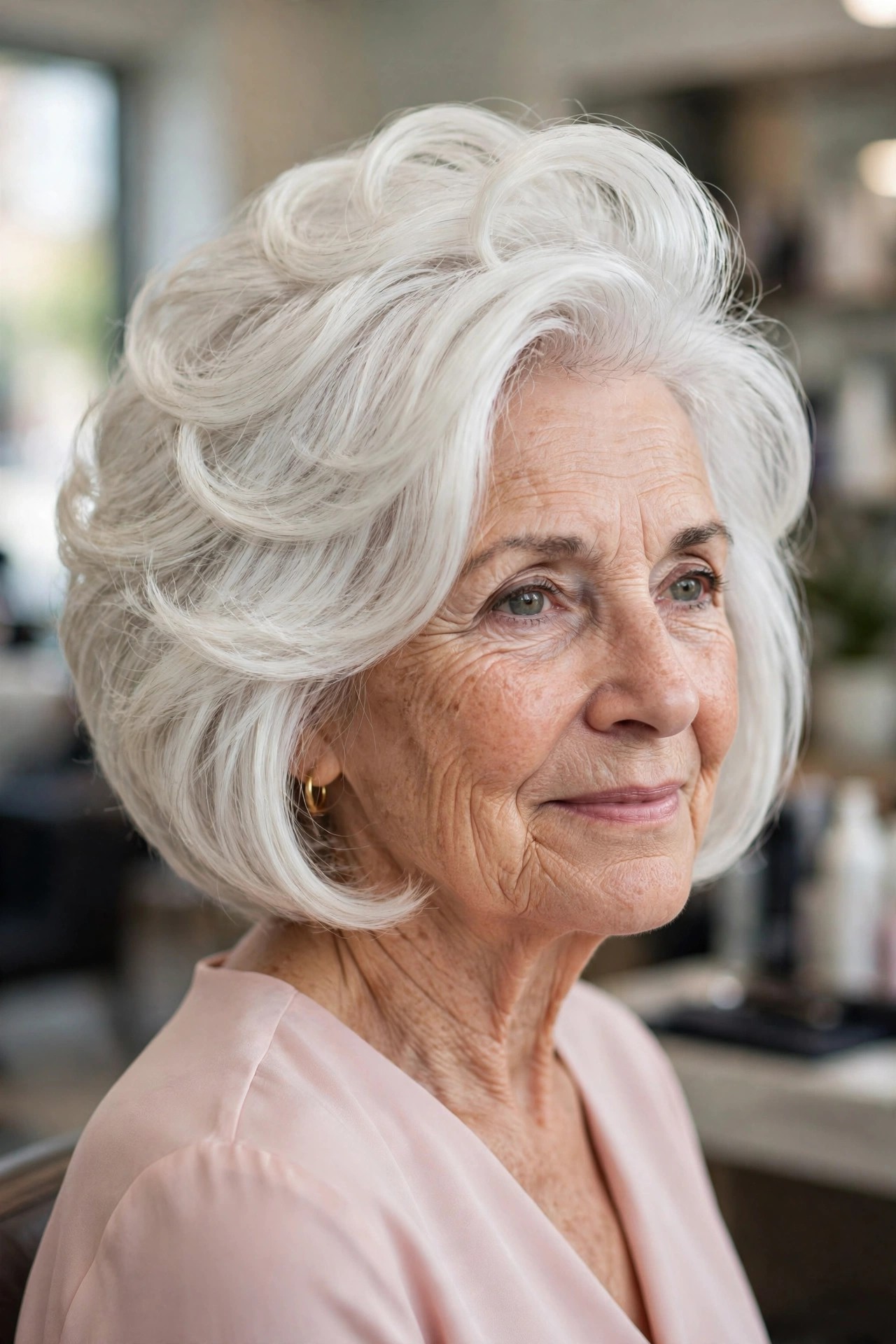 graduated bob haircut with bouncy blowout crown and pearl white hair on a woman over 60