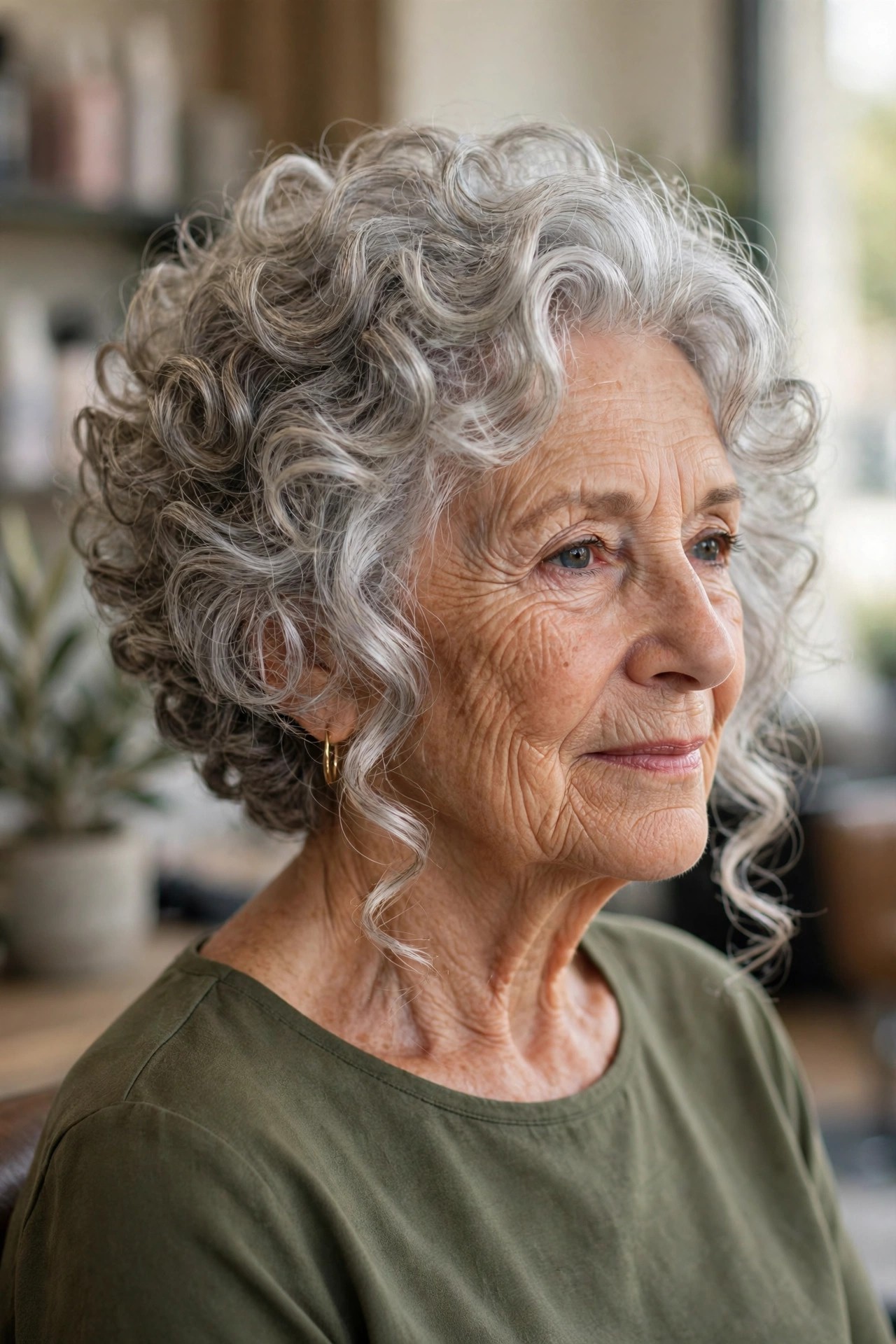 curly graduated bob haircut with stacked back curls and silver gray curly hair on a woman over 60