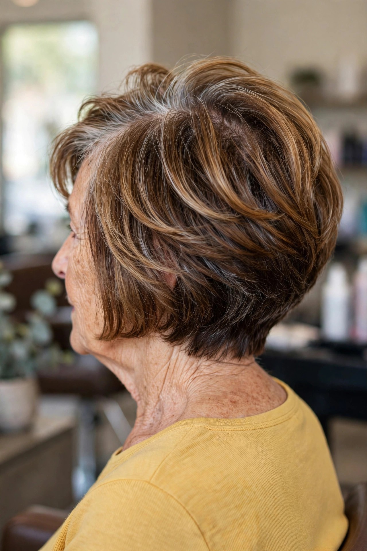 graduated bob haircut in warm brunette hair with honey highlights on a woman over 60