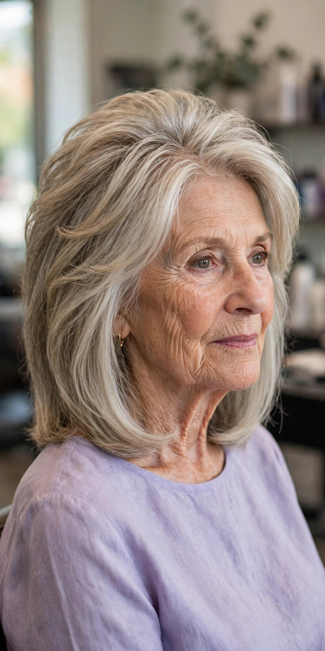 graduated lob haircut with crown lift and silver blonde hair on a woman over 60