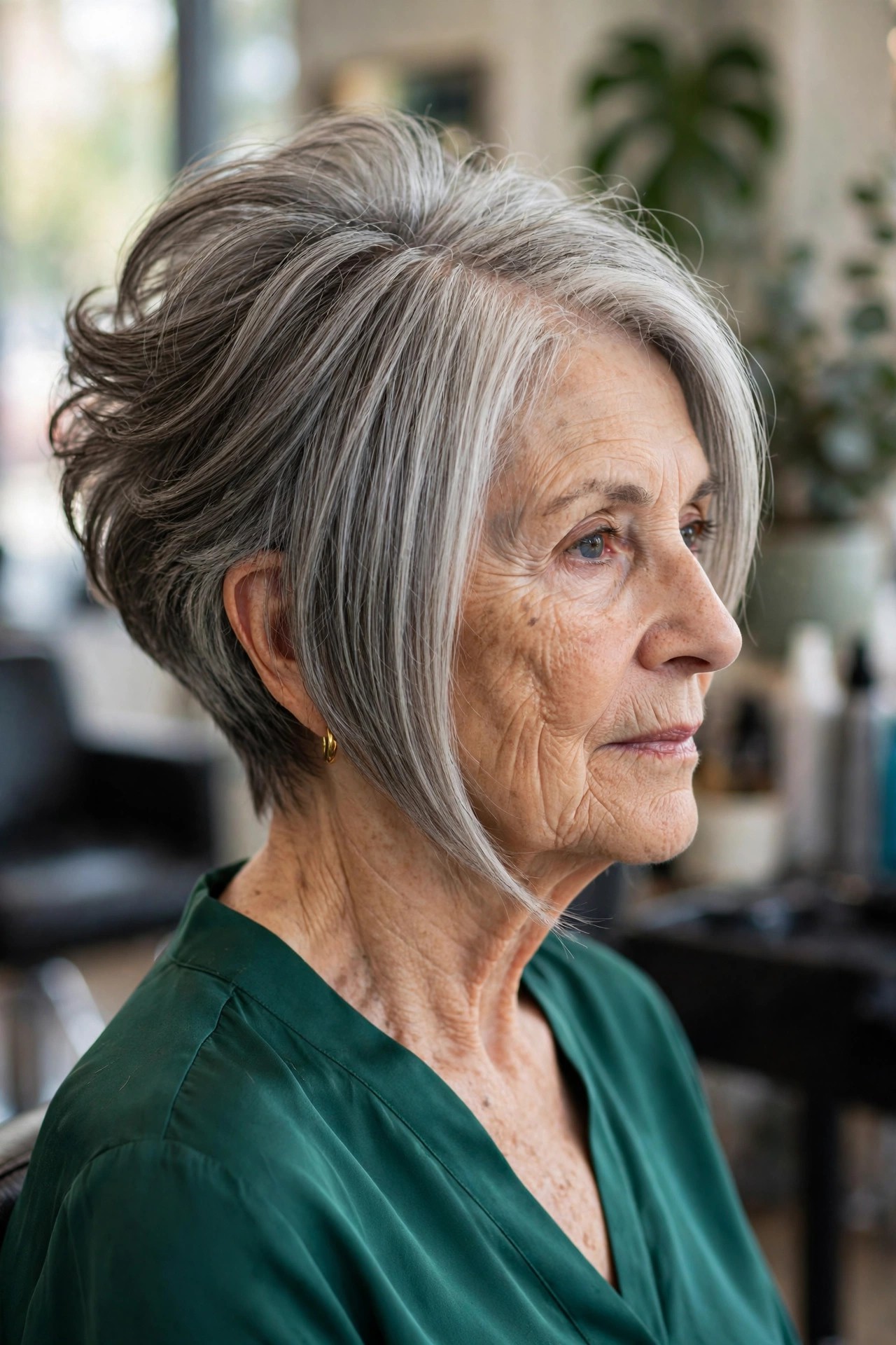 asymmetrical graduated bob haircut with long front point and gray hair on a woman over 60