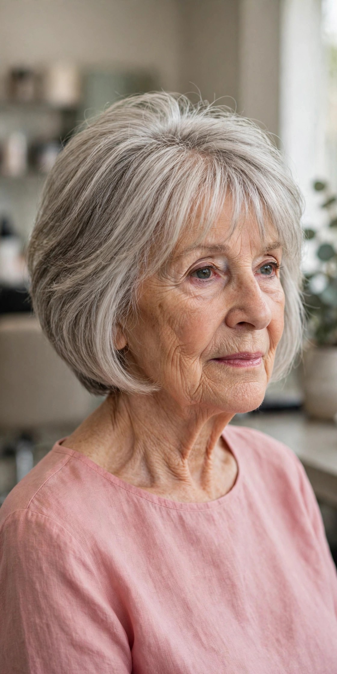 graduated bob haircut with soft wispy fringe and light silver gray hair on a woman over 60