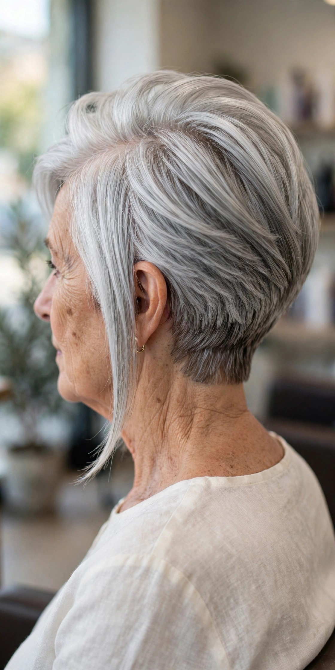 sleek graduated bob haircut tucked behind the ear with glossy silver hair on a woman over 60