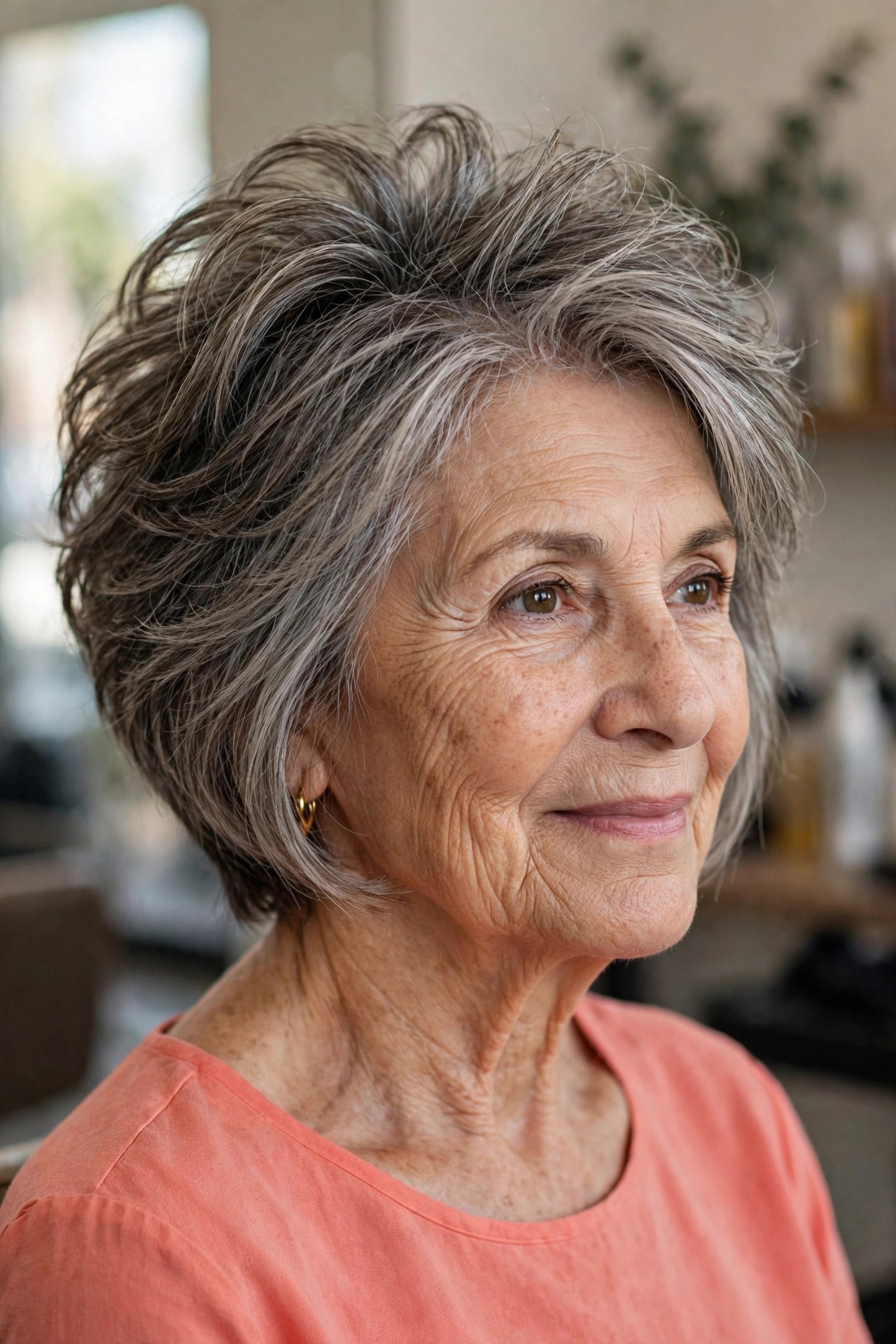 tousled graduated bob haircut with textured ends and tousled salt and pepper hair on a woman over 60