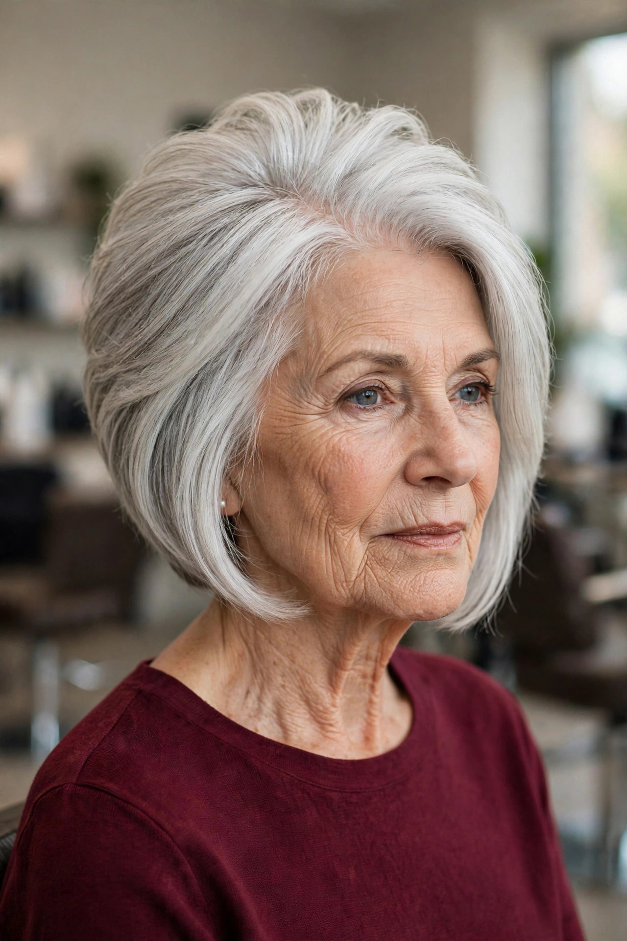 chin-length graduated bob haircut with deep side part and white silver hair on a woman over 60